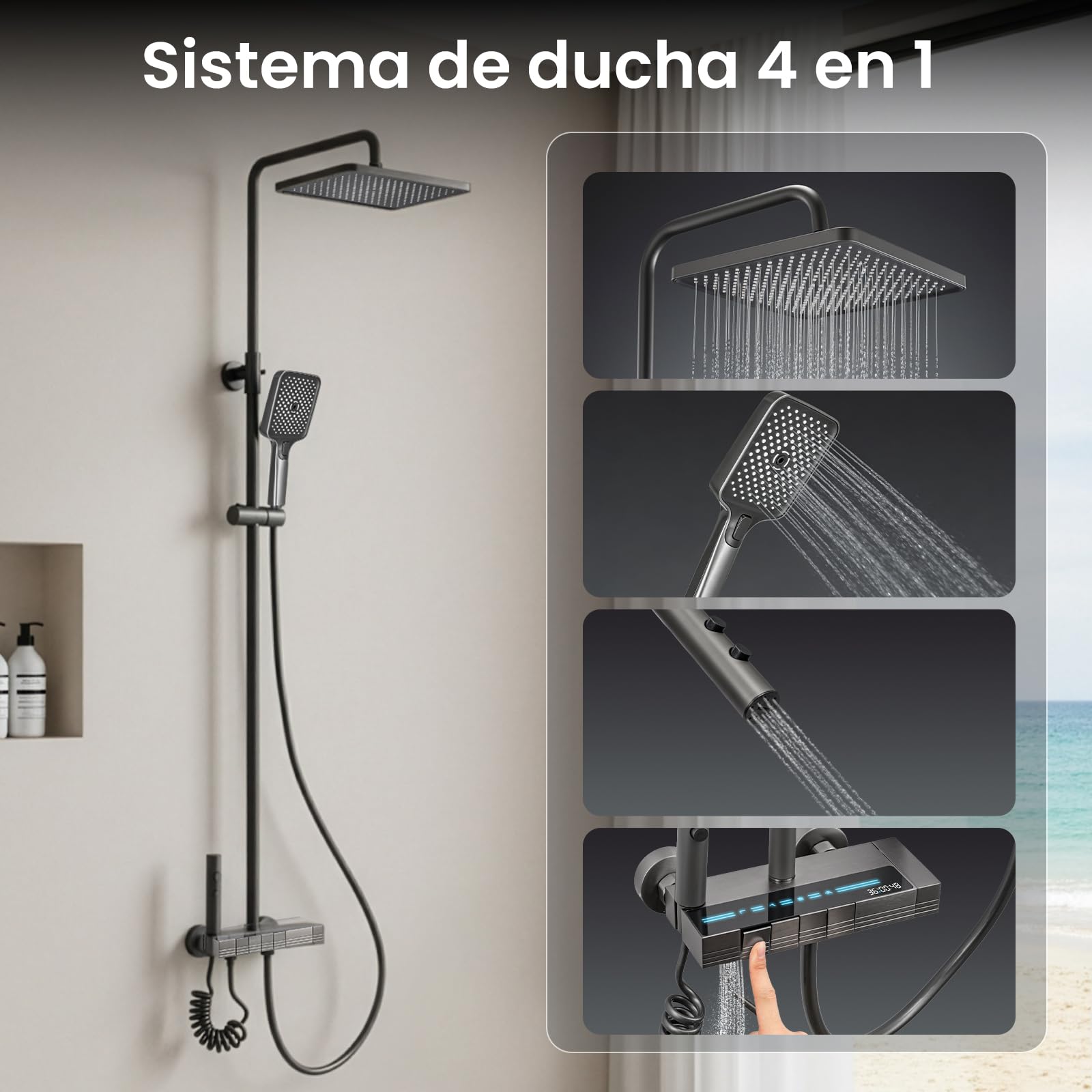 Columna de Ducha Termostática LED Negro Mate Cabezal Lluvia 20x30 cm Alcachofa 3 Modos Pistola Spray 2 Funciones Altura Regulable Giro 360°