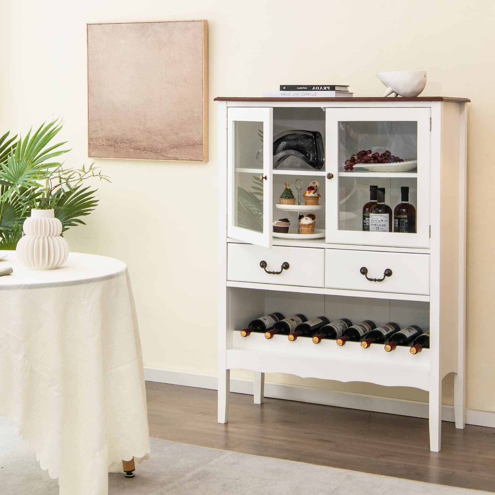 GIANTEX Weinschrank Weinregal Sideboard, Küchenschrank Buffetschrank mit 2 Glastüren & 2 Schubladen, Flaschenregal für 8 Flaschen, Aufbewahrungsschrank mit Kippsicherung, Vitrinenschrank 90x40x126,5cm
