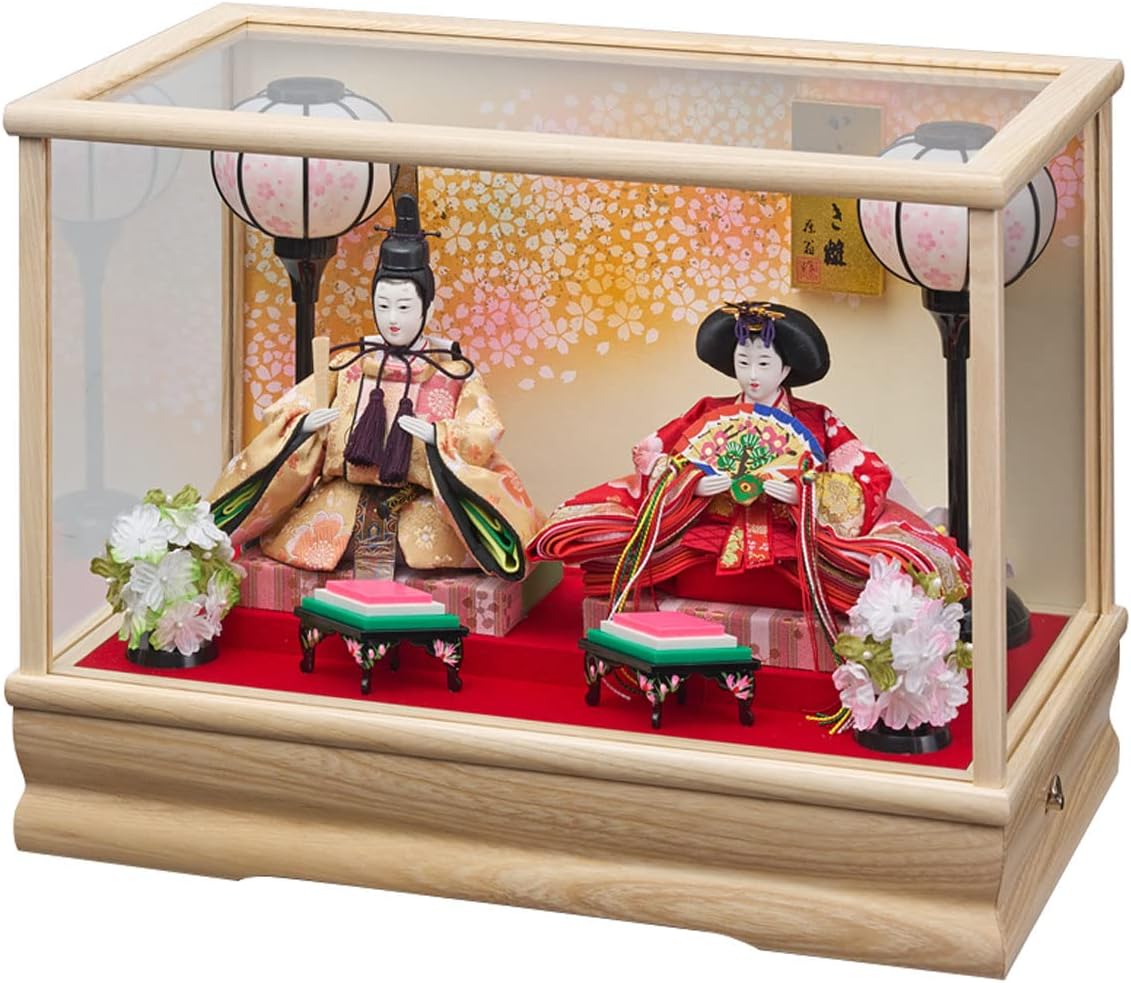 東京久月 雛人形五人飾りガラスケース檜造り 間口約59×奥行約34×高
