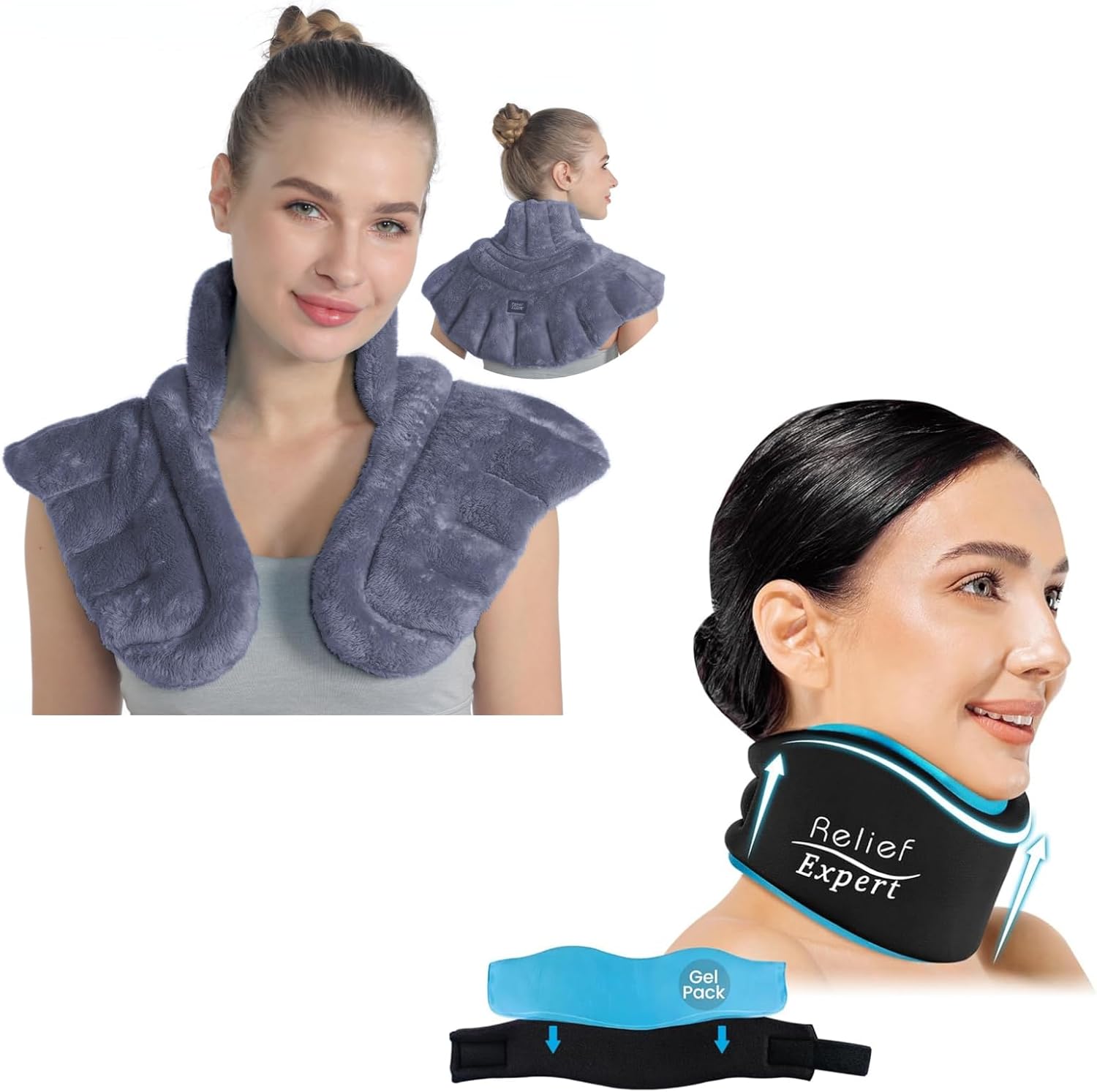 Relief Expert Neck Shoulder Microwave Heated Wrap and Neck Brace with Hot Cold Pack Combo