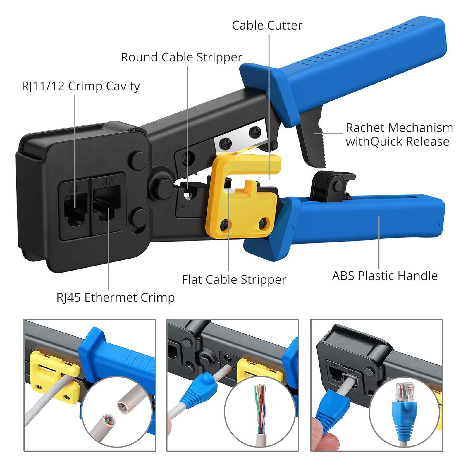 Crimpatrice elettrica completa, set di rete con custodia rigida, diversi tipi di connettori, kit di cablaggio elettrico