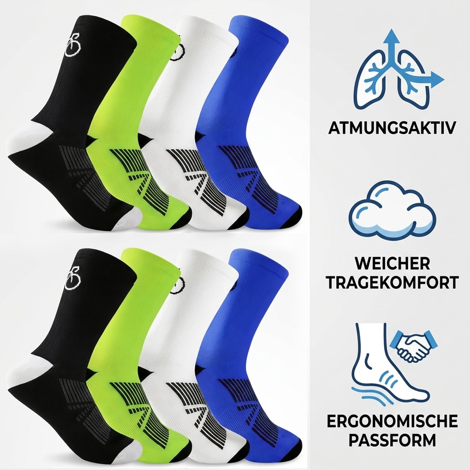4 Stück Fahrrad Socken, Fahrradsocken Herren, Radsocken Herren, Socken Set in Weiß Schwarz Neon Grün Blau, Atmungsaktive Socken für Radfahren