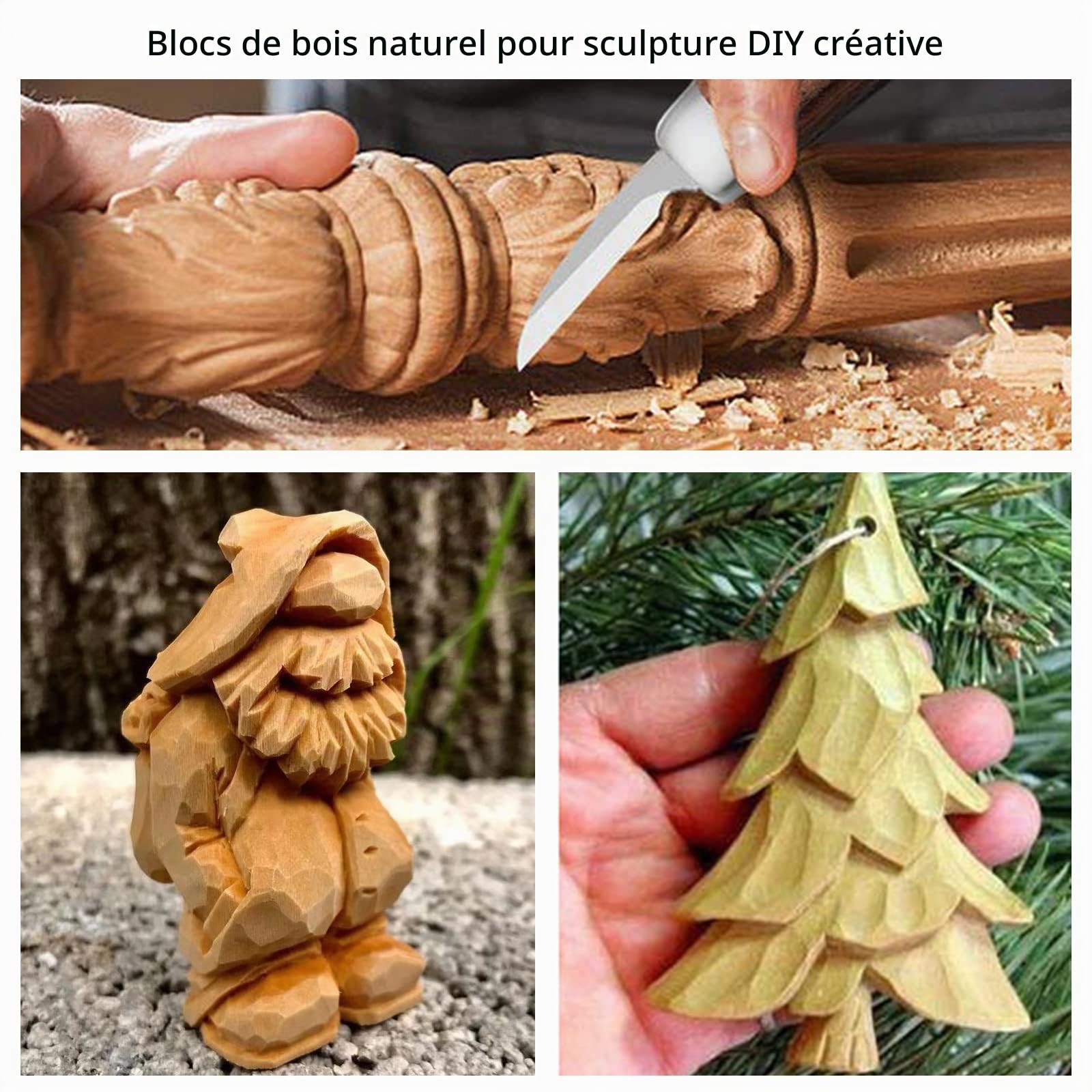Cor cordium Kit de sculpture sur bois avec blocs de tilleul pour débutants, kit de sculpture sur bois comprenant un couteau à sculpter 3 pièces, 8 blocs et des gants de sculpture sur bois
