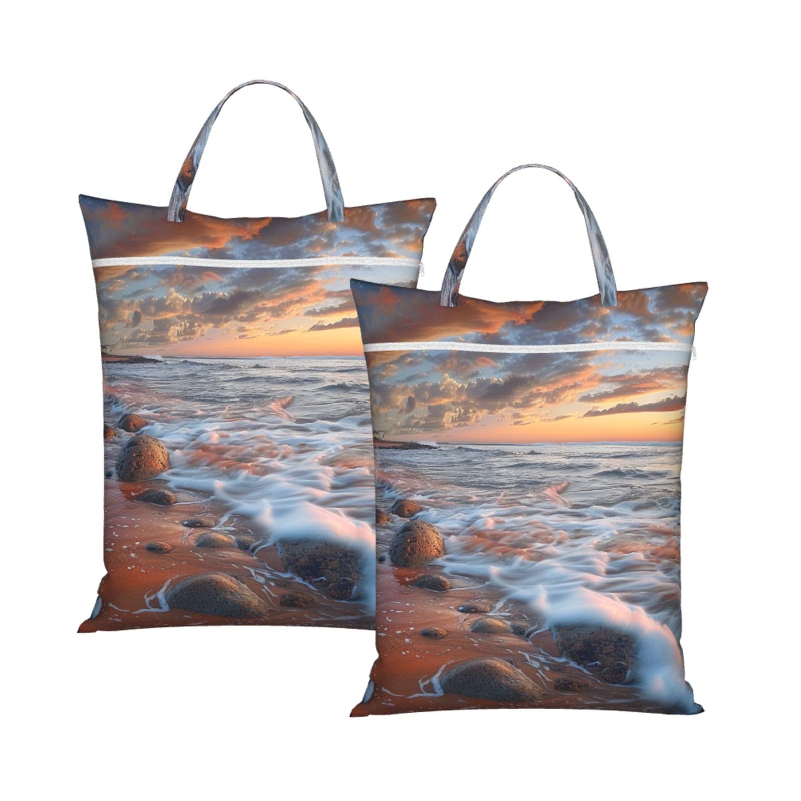 Large Travel Laundry Bags,Beach Maui Hawaii Sunset Sea Waves Clouds Print with Handle Foldable Laundry Bag for Holidays Gym Swimming and Family Trips, 2Pcs