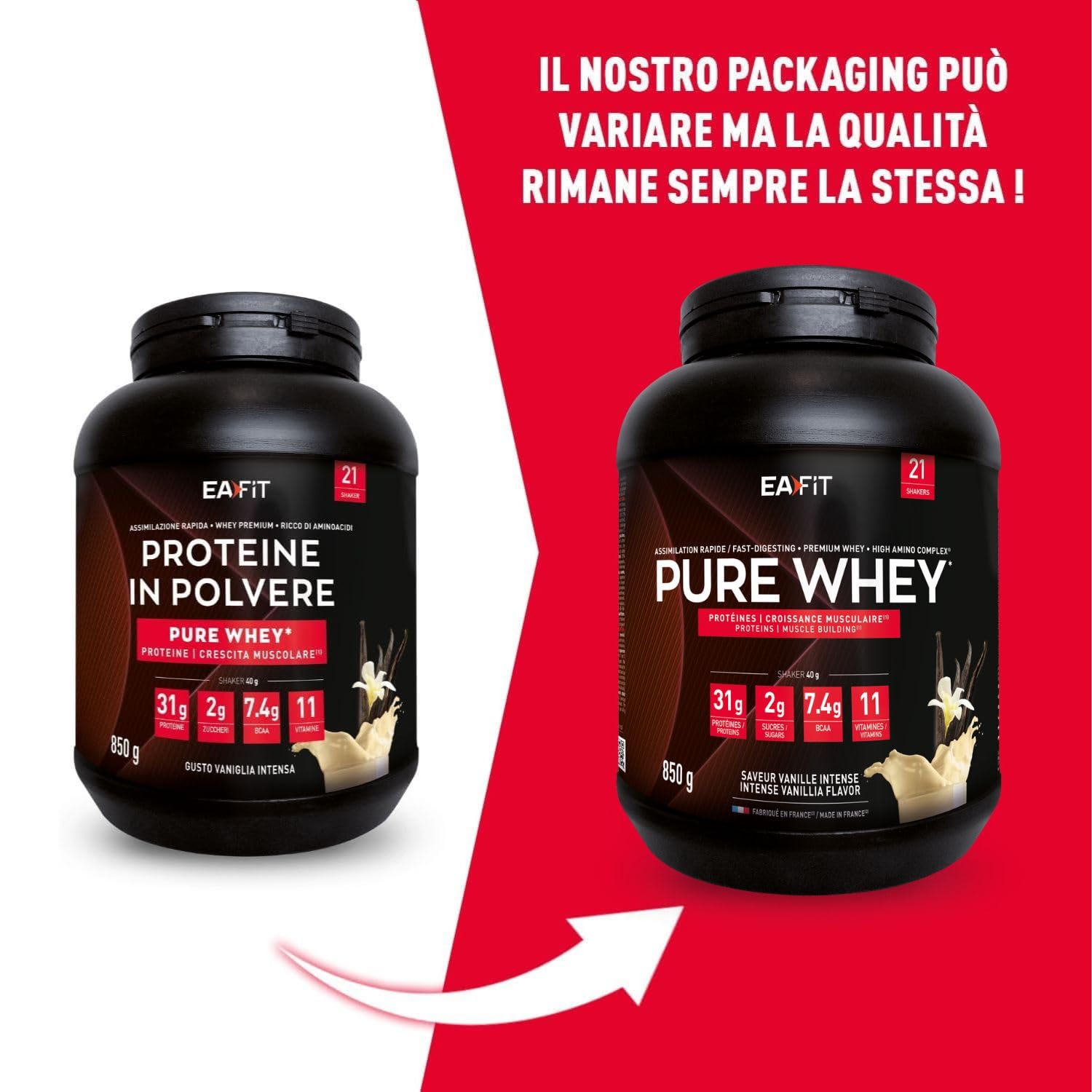 Proteine in Polvere Whey 850 g Gusto Vaniglia | 31 g per Shaker Proteine | Whey Protein Concentrate e Isolate | BCAA + L-Glutammina + Taurina | Integratore per Massa Muscolare | Con 11 Vitamine