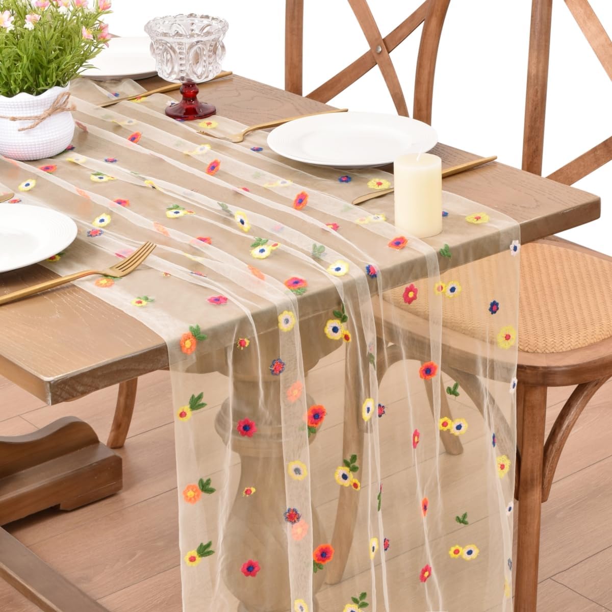 Embroidery Daisy Table Runner 10FT Florals Spring Summer Seasonal Tulle Kitchen Dining Table Decoration for Home Party Wedding Shower Pink 3pcs