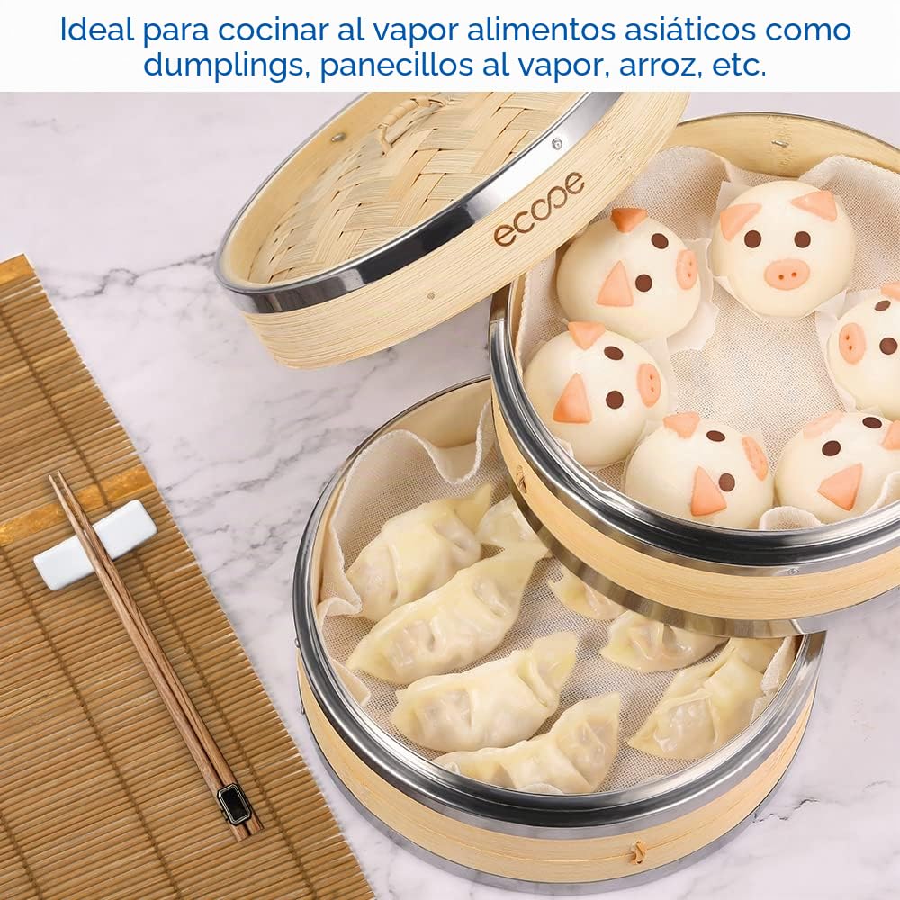 Ecooe Cesta de vapor de bambú 20 cm con 2 paños de algodón para verduras, dim sum, pescado y carne
