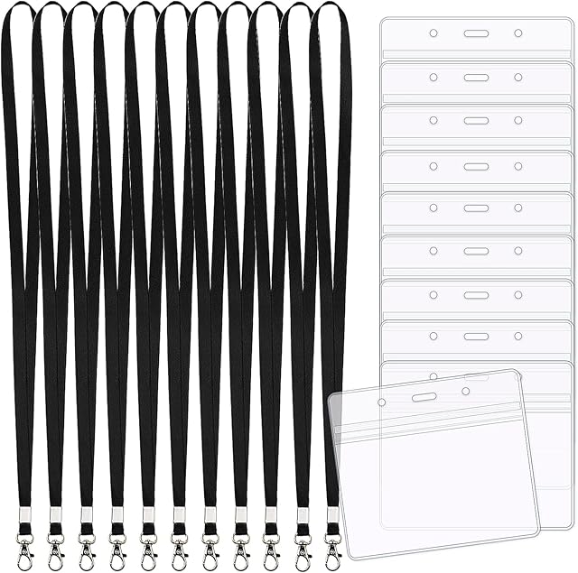 Lanyards with Card Holder, 10pcs Black Neck Lanyard + 10pcs Clear Name Tag Badge Holder, Plastic Lanyard Badge Holder for Office School Card Keys (Black)