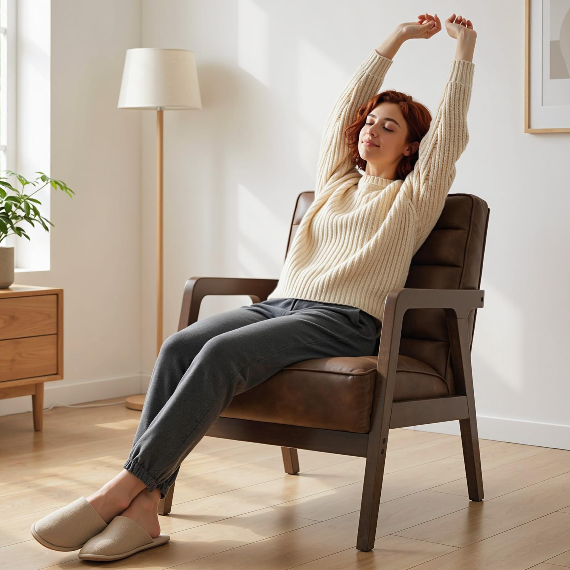 HOMCOM Butaca de Salón, Tapizado en PU, Sillón Lectura con Marco de Madera Maciza, Asiento Acolchado, Asiento Amplio, Butaca para Sala de Estar, Dormitorio, Marrón