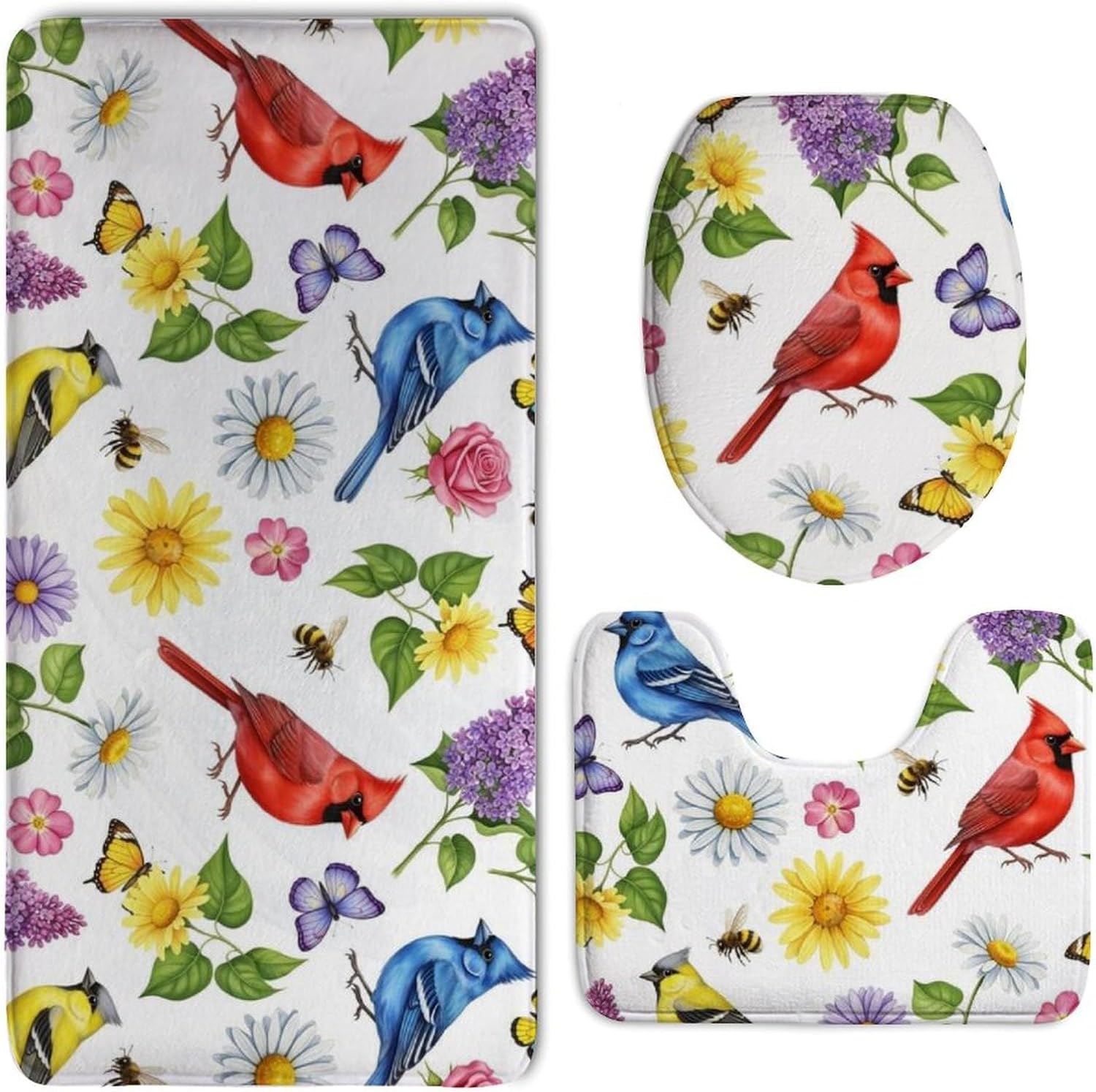 Quickly Dry Non-Slip Bathroom Rug Set, Birds Animal Flying Bath Mat Toilet Decor Mats 3 Pieces for Bath Floor, Washable and Art Pattern Bath Rug/Counter Mat/Lid Cover Mat