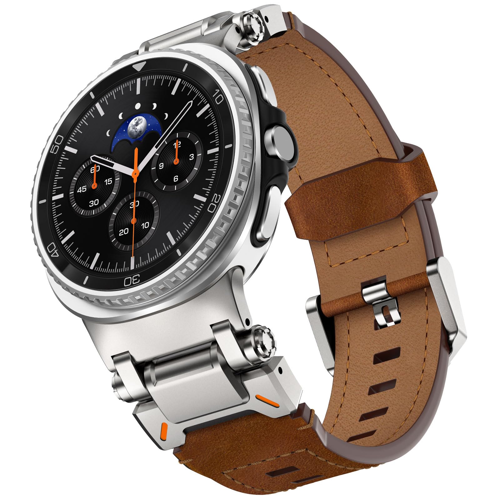 WINGLE Leather Band for Galaxy Watch 8/8 Classic Samsung Galaxy Watch Ultra Bands 47mm 2025/2024 Men Wide Rugged Top Grain Genuine Leather Strap Metal Connector Armor Classy Casual Business Band