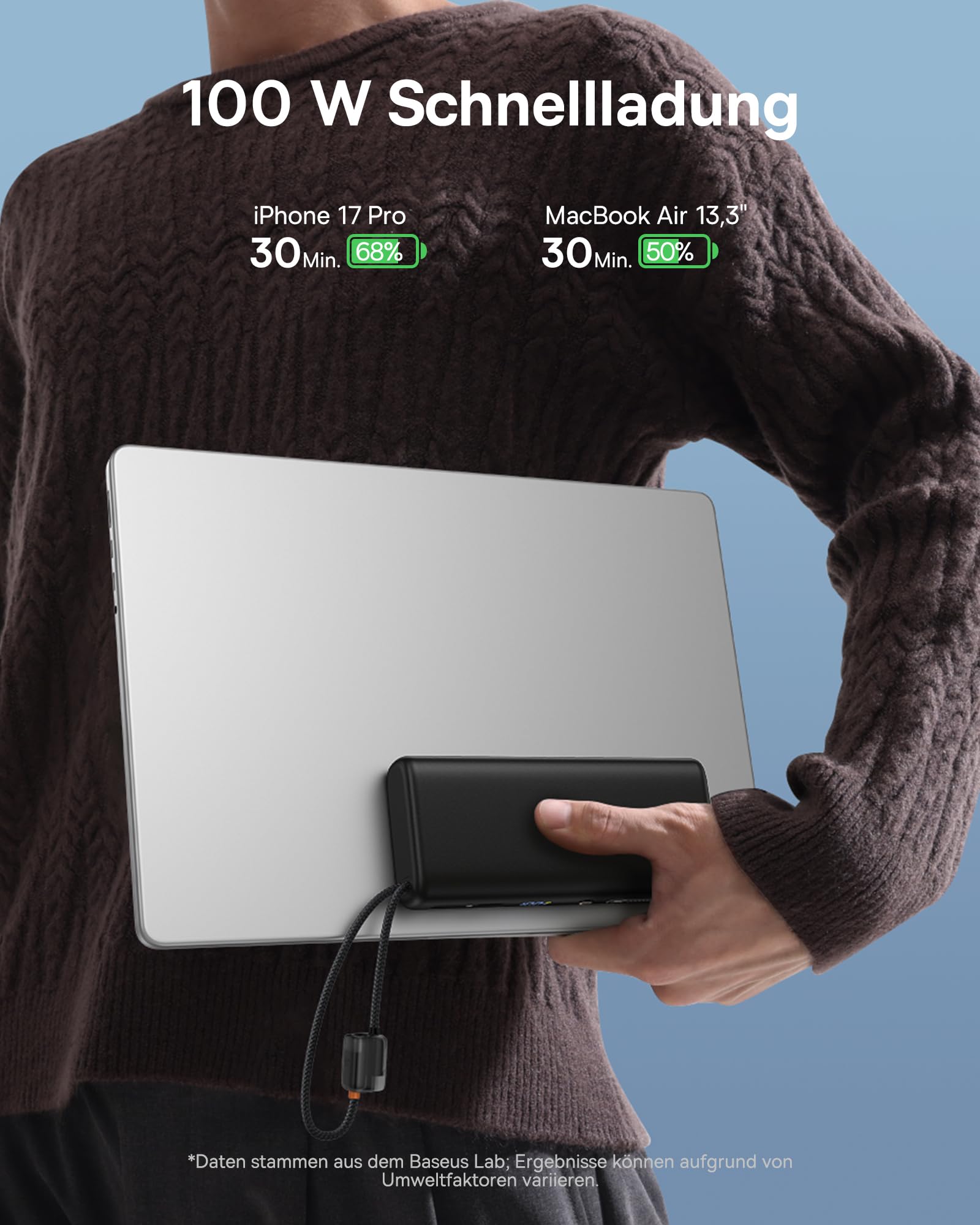 Baseus FC41 100W 20000mAh Powerbank Laptop, Schnellladen Power Bank mit 2 Integriertem USB-C Kabel, Externe Handyakkus für MacBook Pro, iPhone, Dell, HP, SteamDeck, Samsung, Dunkelgrau