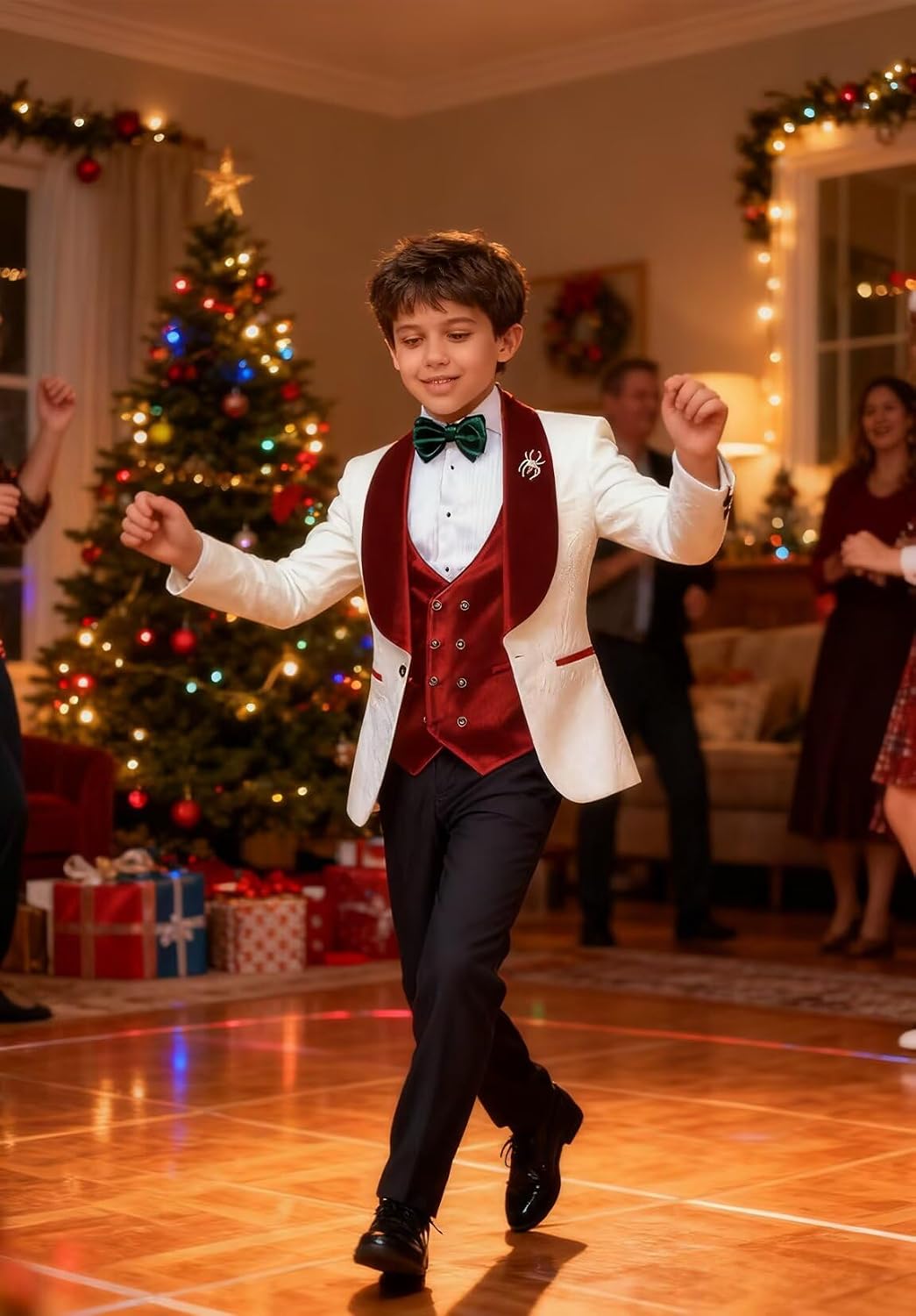 Boys Jacquard Suit 3 Piece Slim Fit Kids Tuxedo Wedding Party Formal Velvet Suit Shawl Collar Jacket Vest and Pants