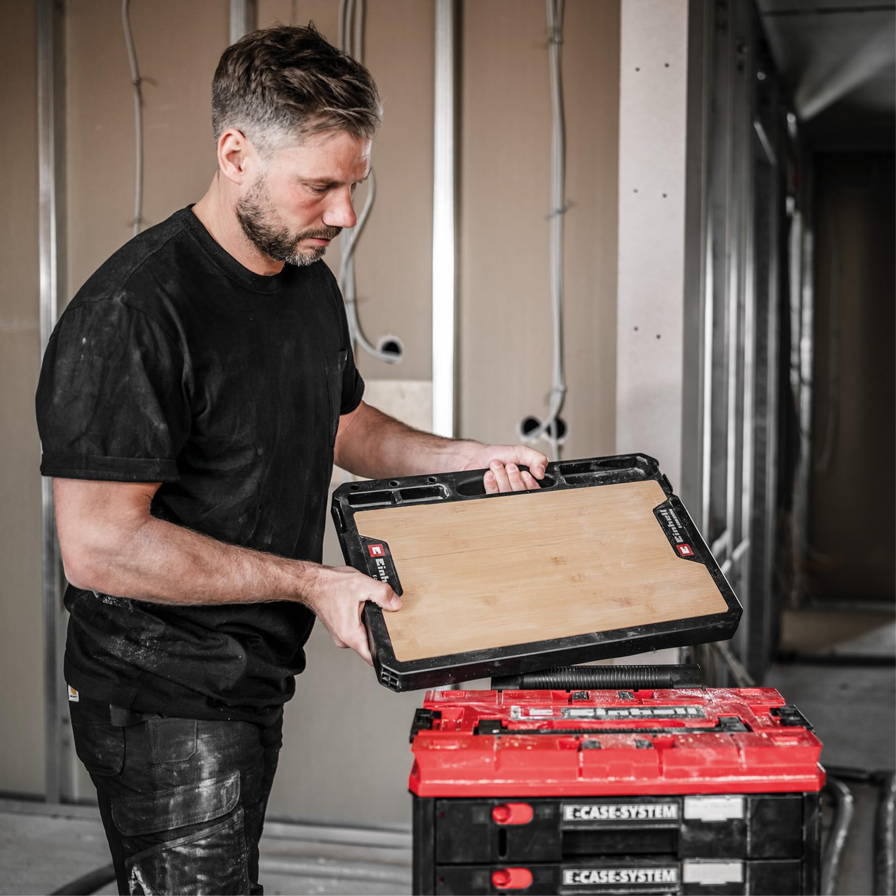 Original Einhell E-Case Arbeitsplatte (50 x 36 x 4,2 cm, max. 84 kg Nutzlast, Einhell E-Case System, robuster Bambus, Mobile Werkbank, Tragegriff, Zubehörhalterungen)
