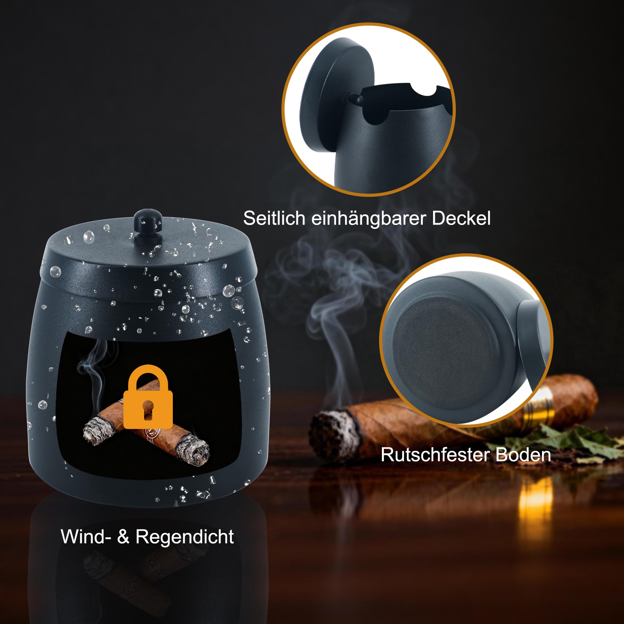 Zigarrenaschenbecher Groß mit Deckel, Winddicht & Regensicher für Drinnen und Draußen, 4 Zigarrenhalter Abnehmbarer Mittelsteg Rutschfester Boden, Zigarren Zubehör Geschenk für Männer (X-Large)