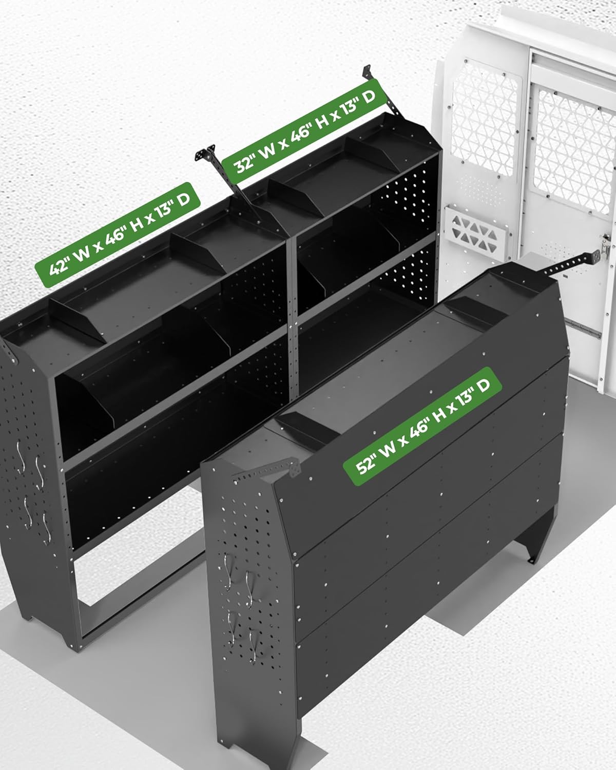 StarONE Cargo Van Shelving Storage Fit for Ford Transit,GMC,Chevy Express,NV,Promaster,Sprinter and Metris w/Hooks,Black,Steel,52" W x 46" H x 13" D