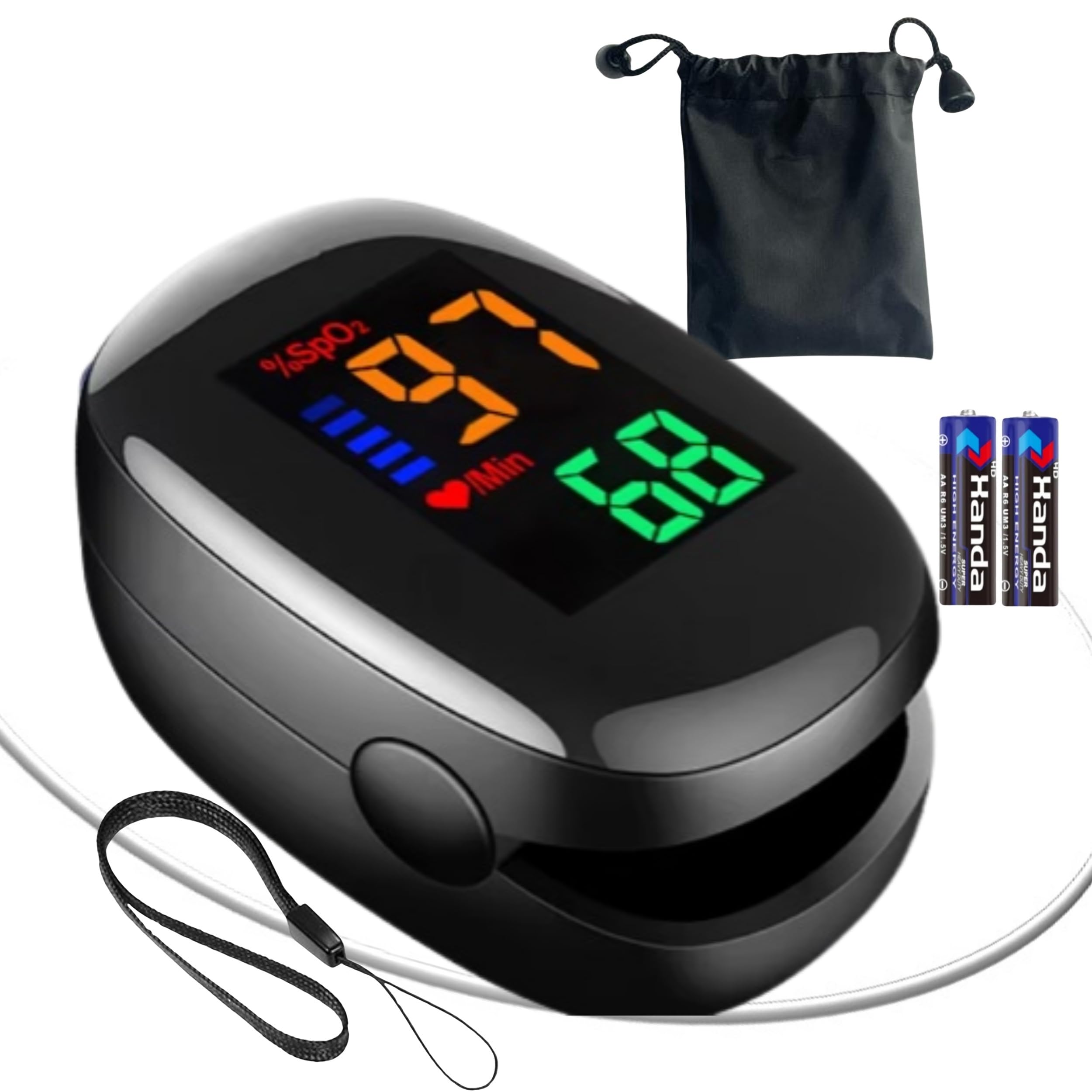 Oxymètre de Doigt Professionnel, Saturomètre SPO2 avec Écran LED, Mesure rapide de Saturation Oxygène et Fréquence Cardiaque, etui de protection + Piles Incluses, Idéal pour sportifs (noir)