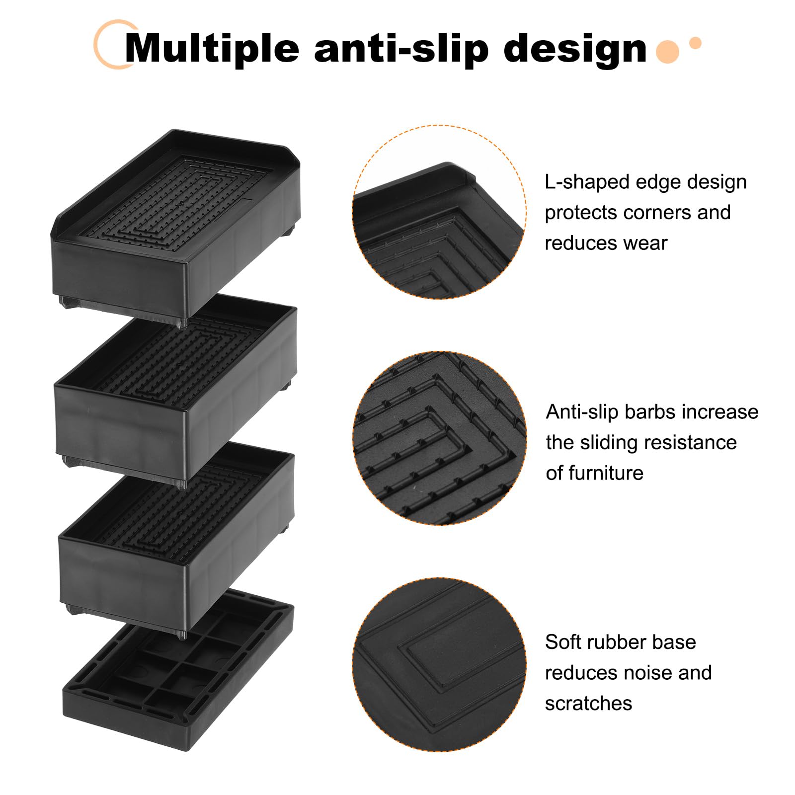 uxcell Paquete de 4 elevadores de cama rectangulares, 4.33 pulgadas, borde en L, resistentes, ajustables, para cama, sofá, mesa y elevador de sofá (negro)