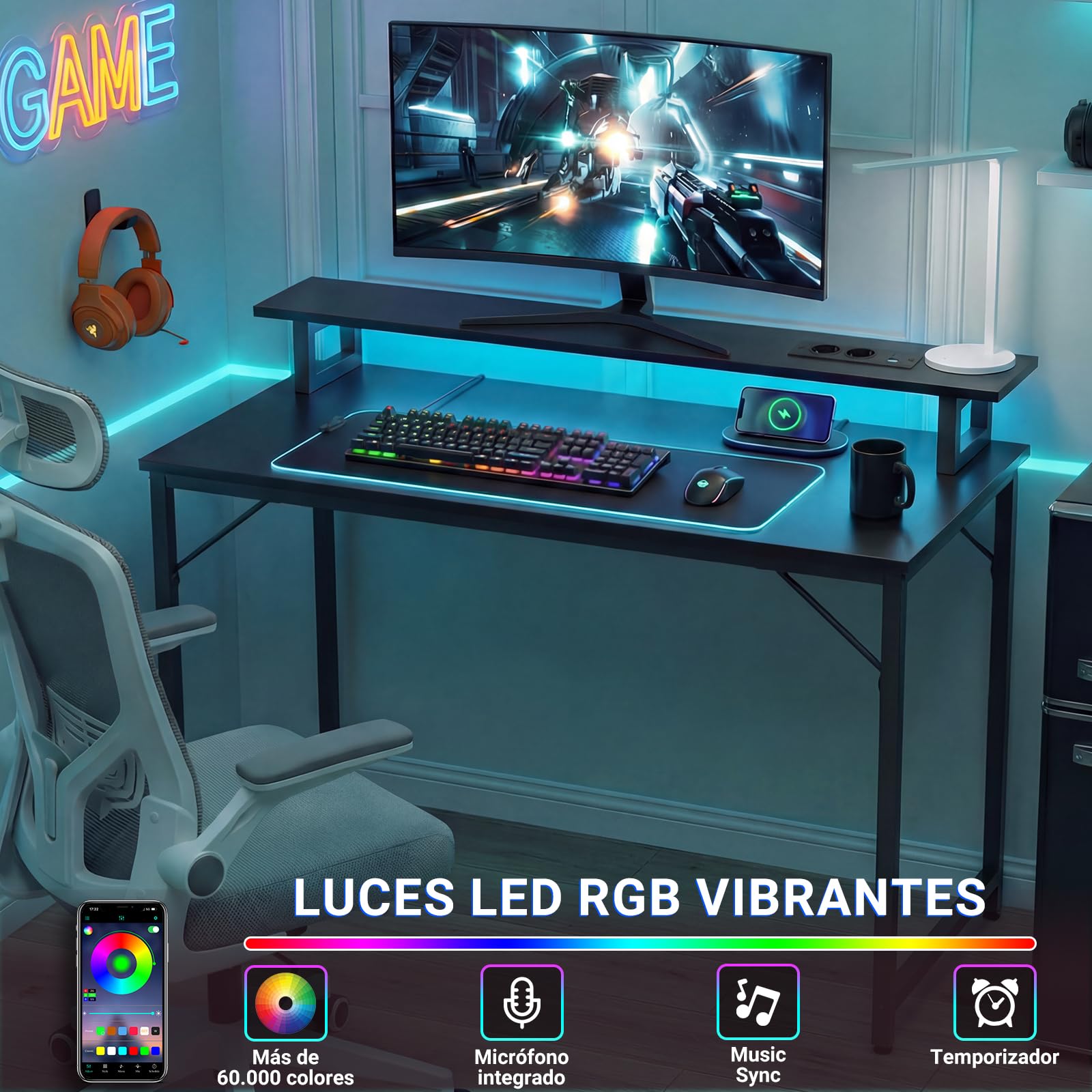 iSunirm Mesa Gaming con LED y Enchufes 120x50cm, Escritorio Gaming con Soporte para Monitor y Puertos USB, Escritorio Pequeño para Ordenador para Habitación y Oficina, Negro