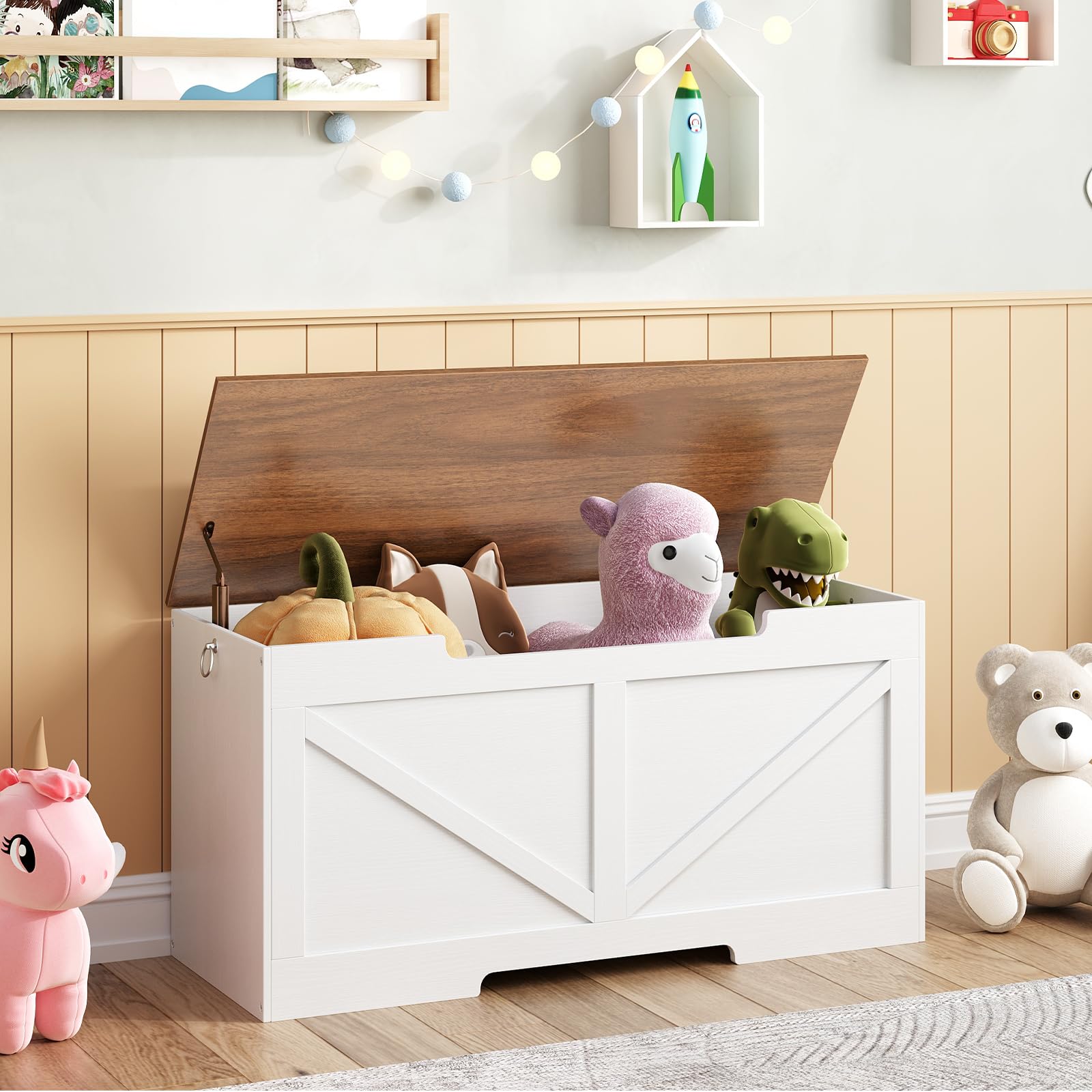 HOOBRO Baúles con Espacio de Almacenamiento, Caja de Juguetes con Tapa, Banco de baúl, Caja de Almacenamiento, 2 Anillas, 100 cm, Resistente, Estable, para niños, Pasillo, Blanco y Nogal EWH771CW01G1