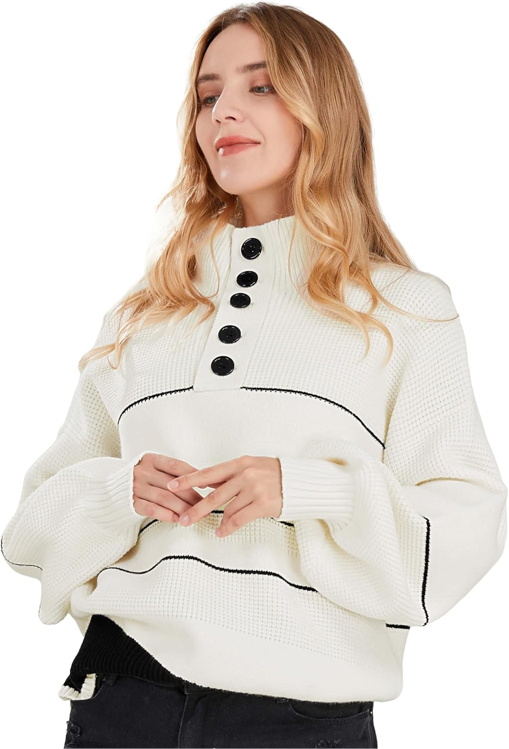 CHARTOU Women's Waffle Knit Knitwear Slouchy Striped Polo Collared Long Sleeve Pullover Sweater Tops - Image 4