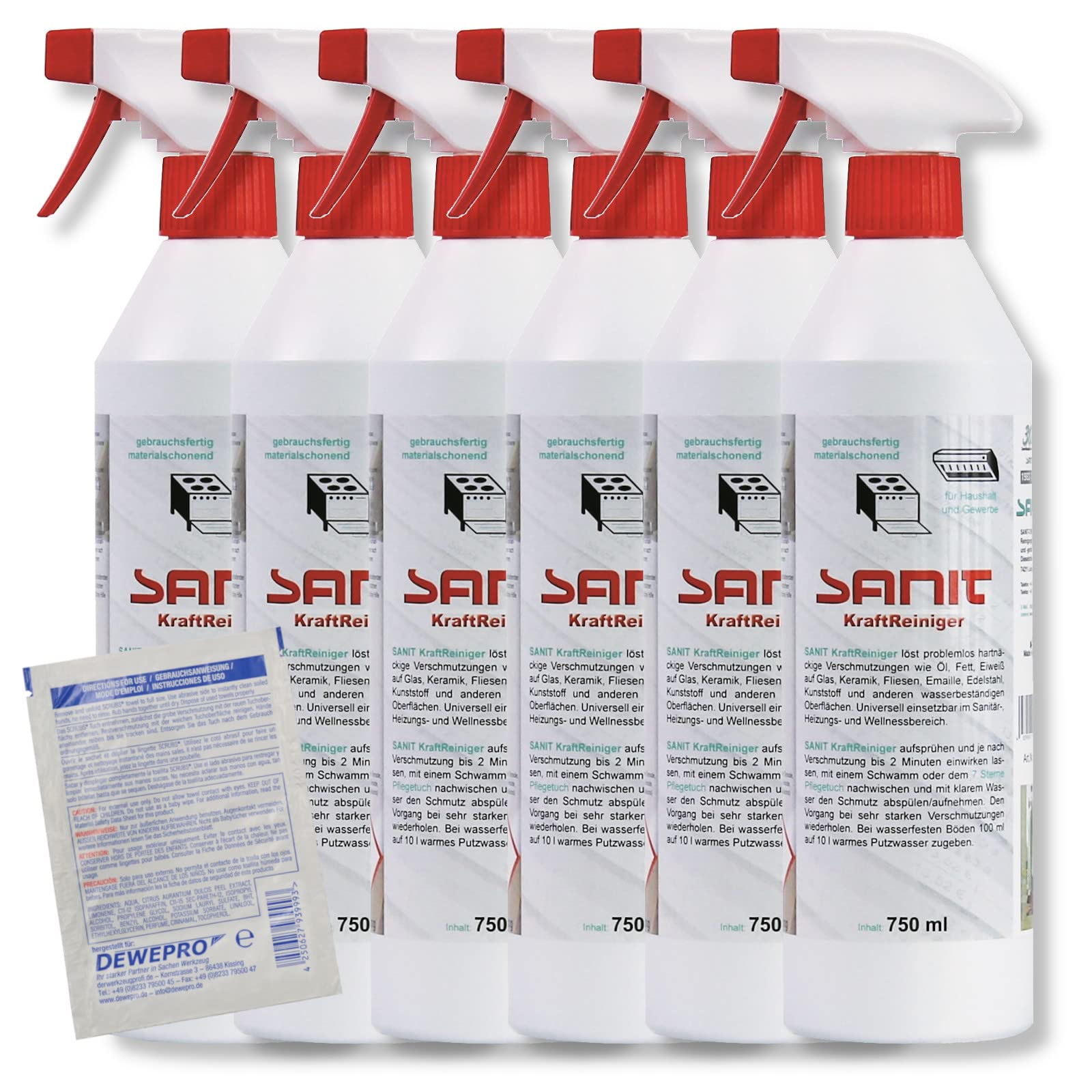 DEWEPRO-Set: SANIT KraftReiniger (3009) - 6 Flaschen à 750ml - Gebrauchsfertiger Allzweckreiniger gegen Öl, Fett und andere Verschmutzungen auf Oberflächen, inkl. 1 St. DEWEPRO® Single Scrubs