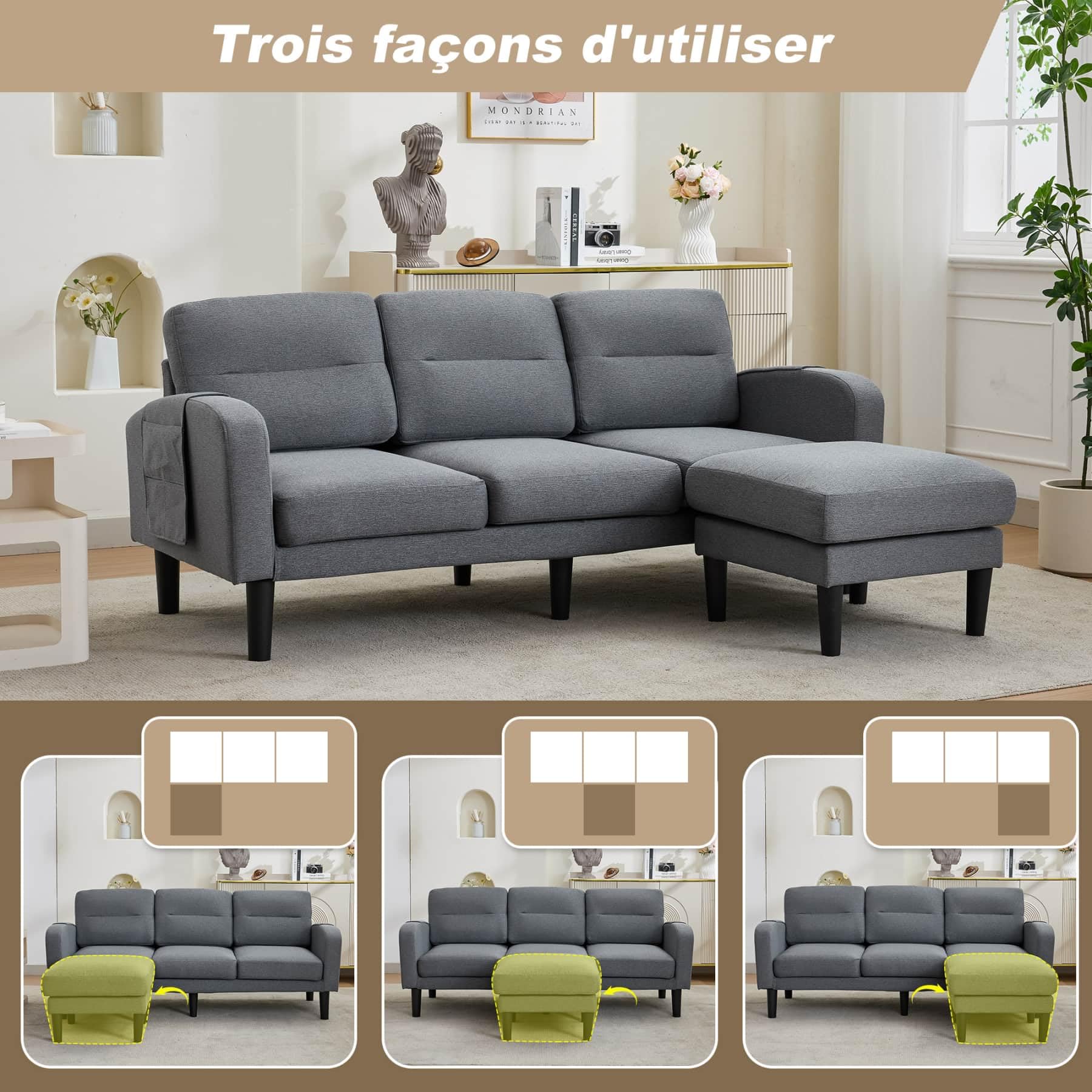 YEHTOKHOME Canapé d'angle en L à 3 Places avec Repose-Pieds,Gris