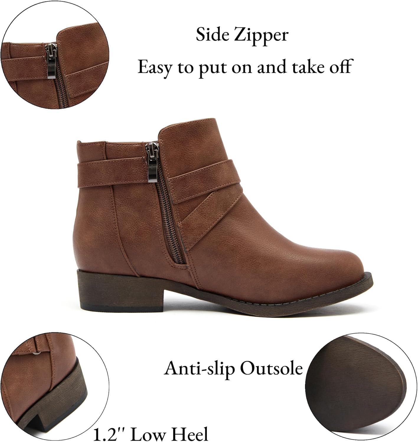 Ataiwee Women's Ankle Boots - Classic Side Zip, Cover with Buckle Strap, Round Toe, Comfortable Platform, Low Chunky Heel Comfort Slip On Fashion (Black/Dark Brown/Grey) Boots. - Image 5