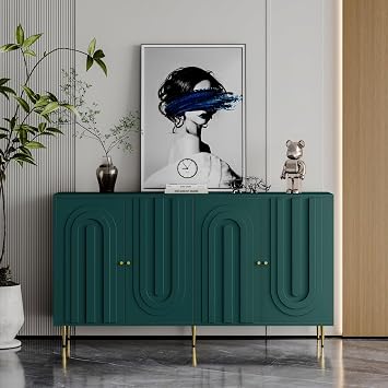 JIJIWANG 60" L Modern Green Lacquered 4 Door Wooden Cabinet Sideboard Buffet Server Storage Cabinets,for Living Room,Entryway, Hallway,Office,Kitchen,Green