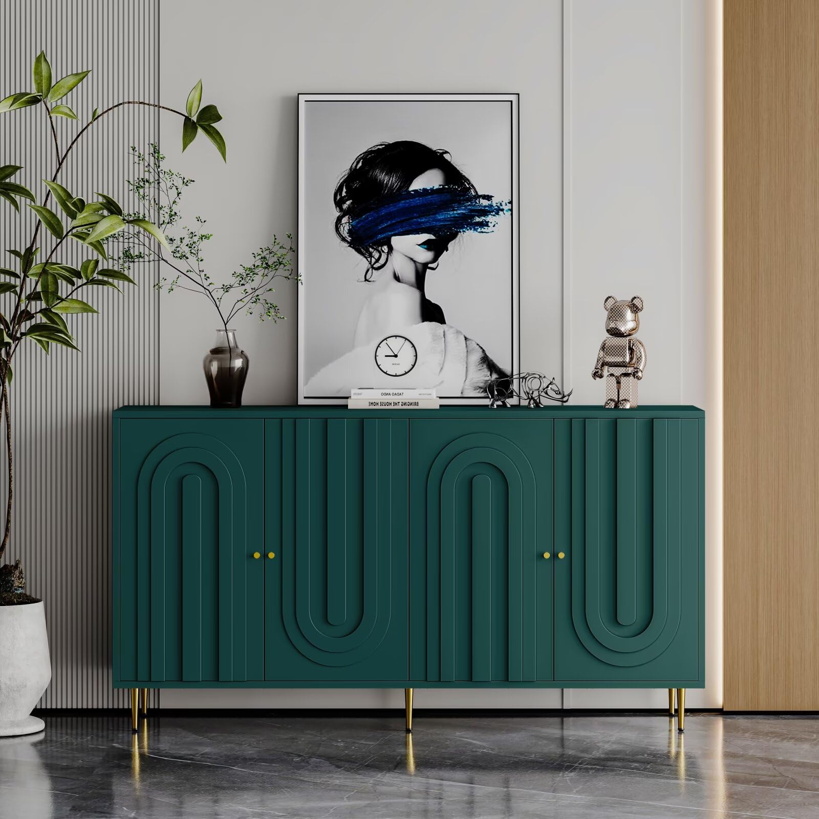JIJIWANG 60" L Modern Green Lacquered 4 Door Wooden Cabinet Sideboard Buffet Server Storage Cabinets,for Living Room,Entryway, Hallway,Office,Kitchen,