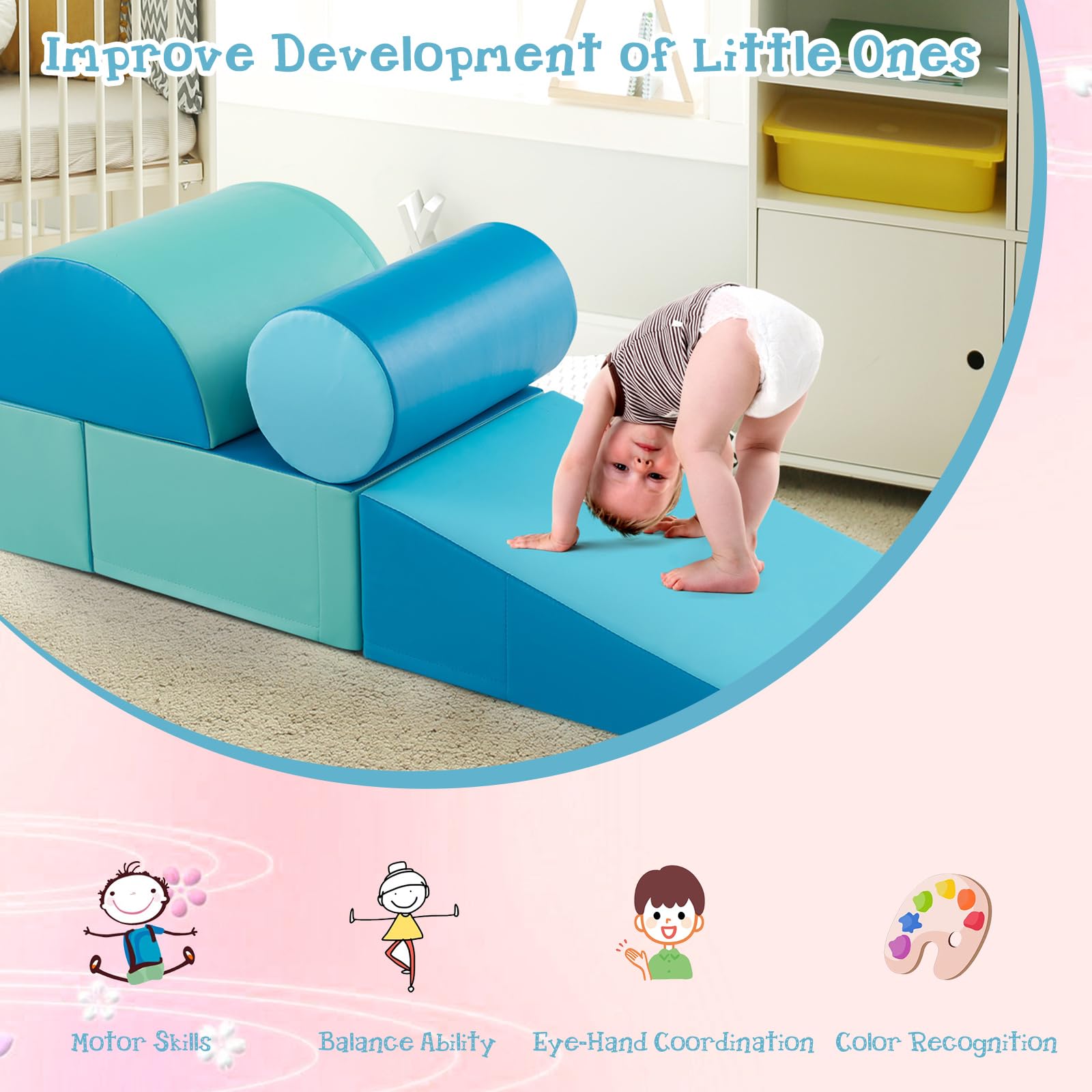 LIFEZEAL Set di 5 Blocchi Morbidi in Schiuma per Bambini 9-36 Mesi, Costruzioni, Libera Combinazione, Mattoni Cubi Componibile, Giocattolo Attività, con Scivolo, Arrampicata, Multicolore