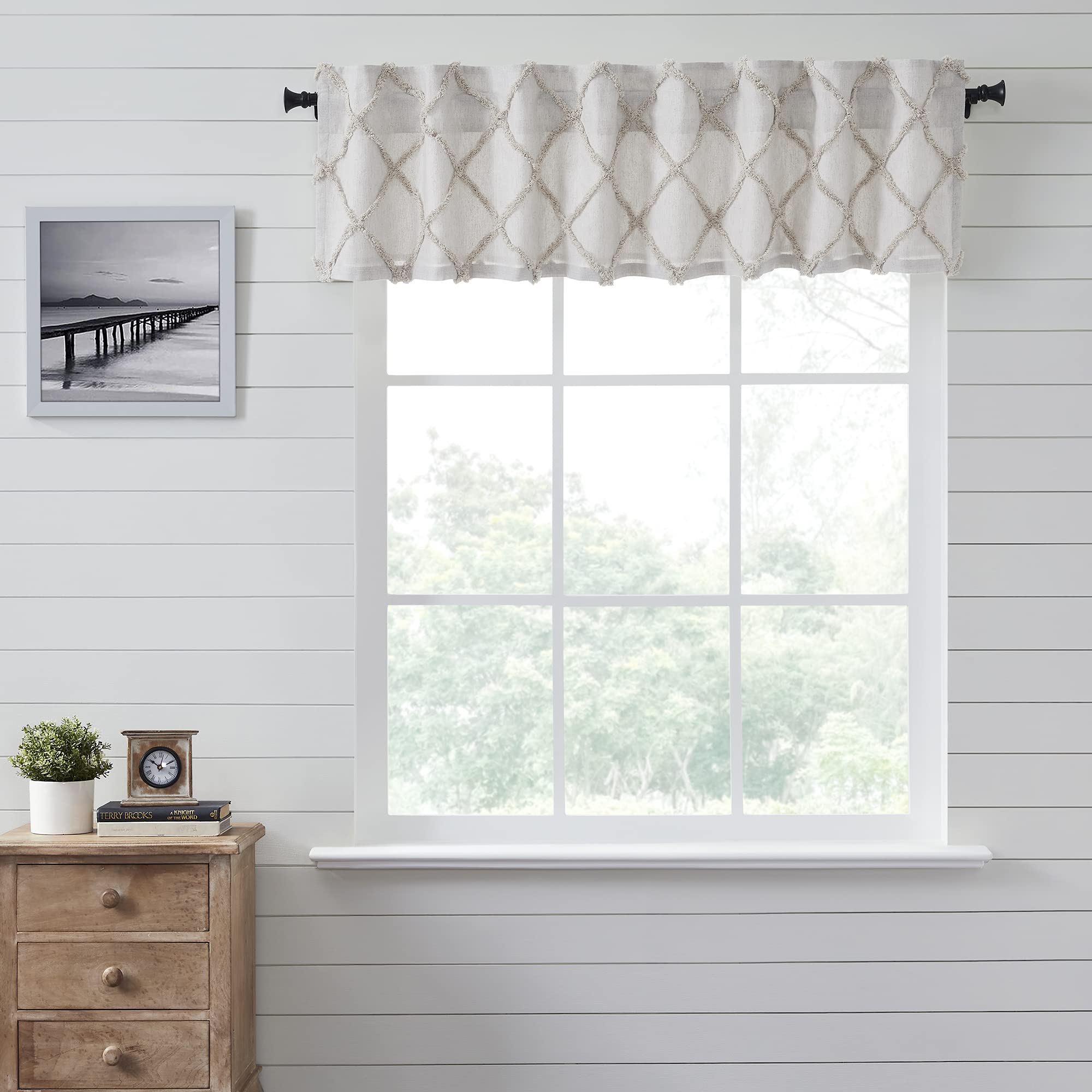 vhc brands frayed lattice curtain valance, oatmeal, 16x72
