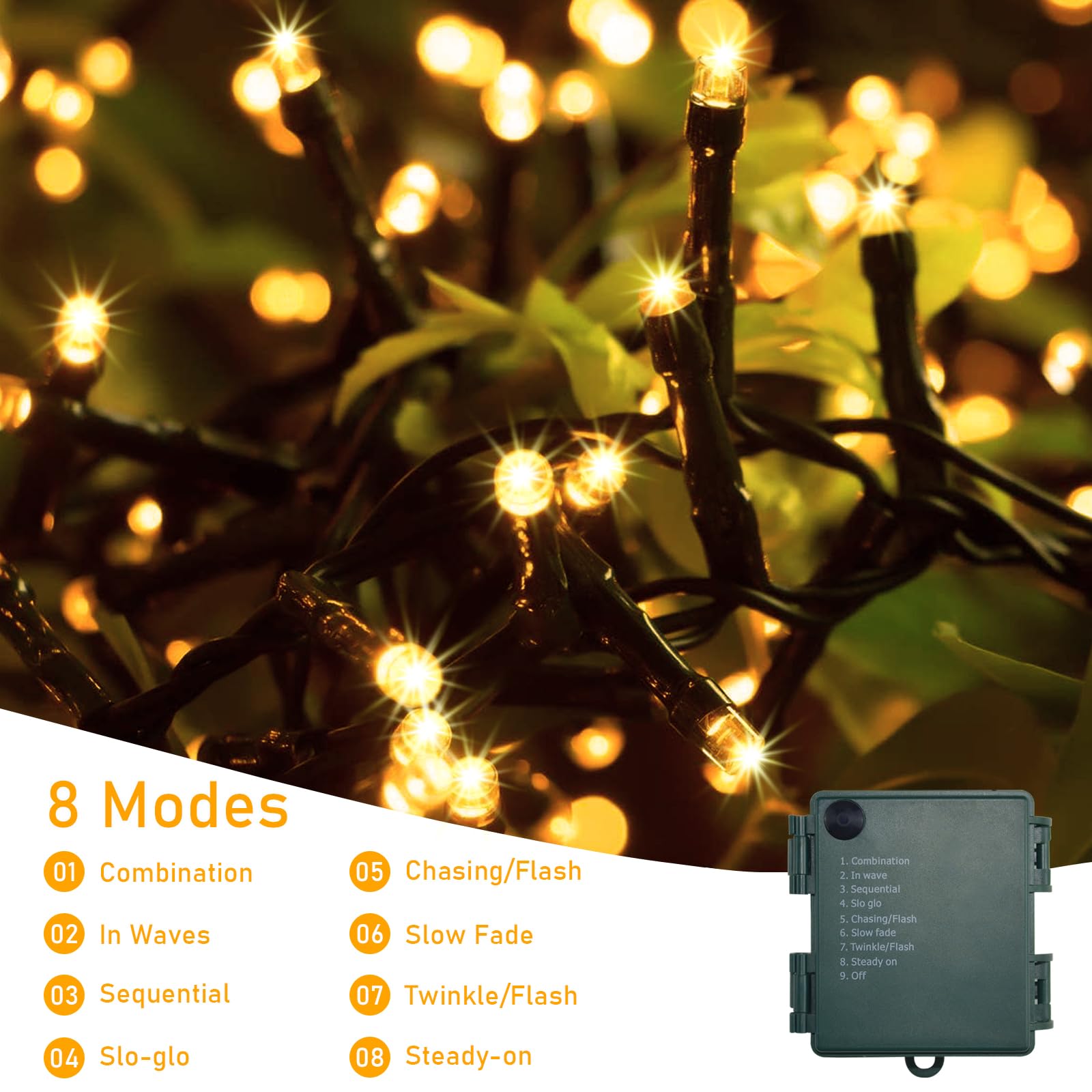 Catena luminosa a batteria, 20 m, 200 LED, per interni ed esterni, con timer