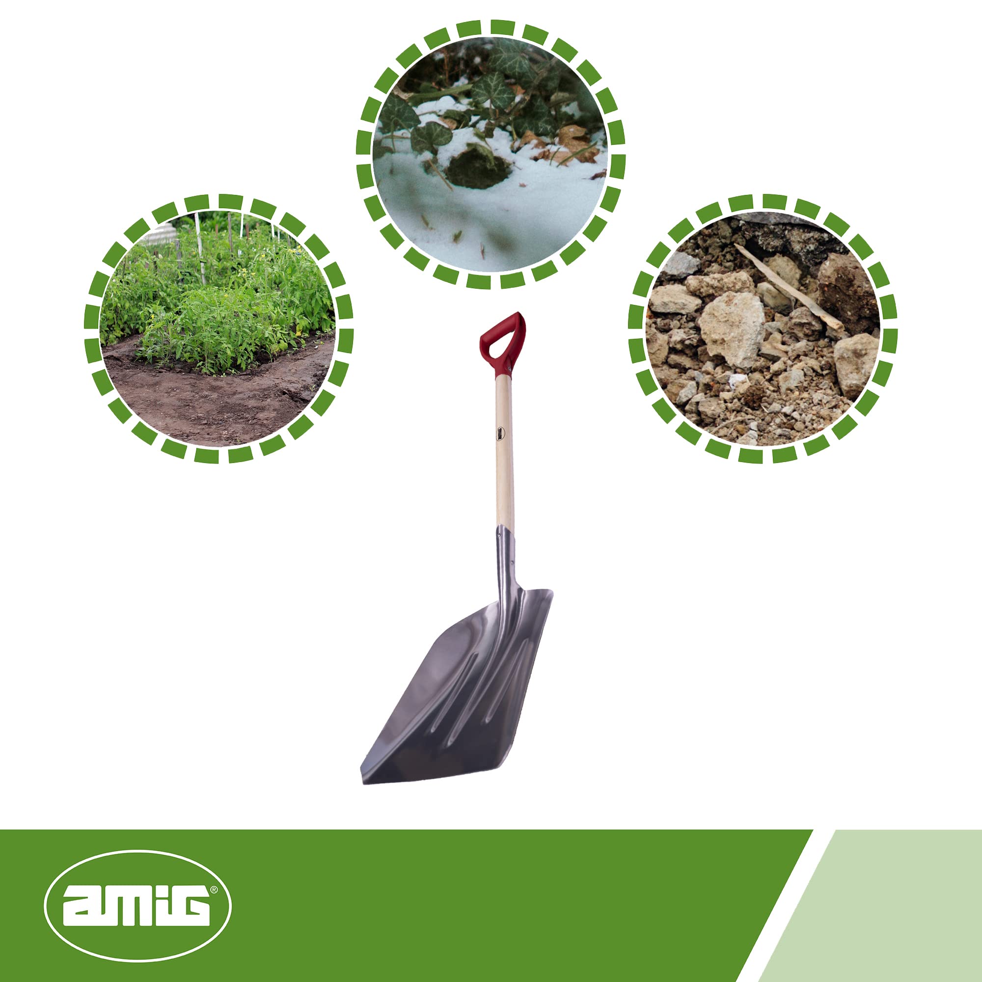 Amig - Pala da Giardino Quadrata | Pala con Lama in Alluminio e Manico in Legno per Scavare e Rimuovere Terra | Attrezzi per Orto e Giardinaggio in Finitura Argento| Misure: 110 cm.