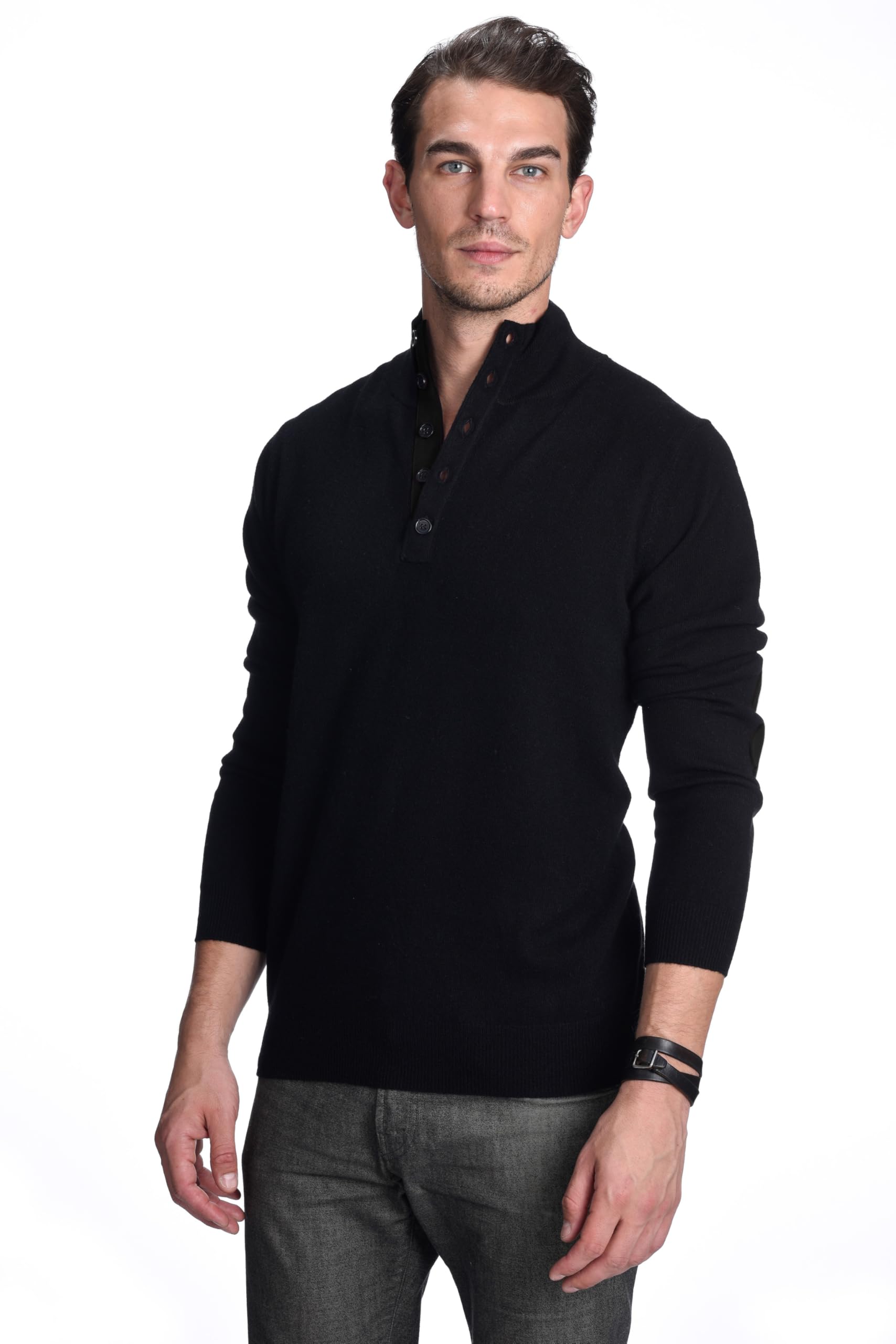 State Cashmere Men's 100% Pure Cashmere Jumper Button Mock-Neck Polo Collar Sweater Pullover Black