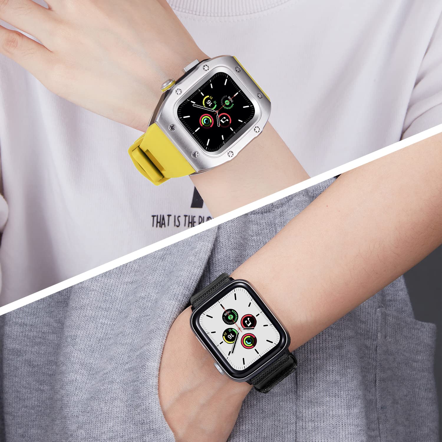 BINLUN Bracelets Compatible avec Apple Watch 44mm 45mm 2 Pièces Homme Bracelet de Montre en Silicone avec Boîtier Protection en Métal, Bracelet Toile Compatible avec iWatch Serie 9/8/7/SE2/SE/6/5/4