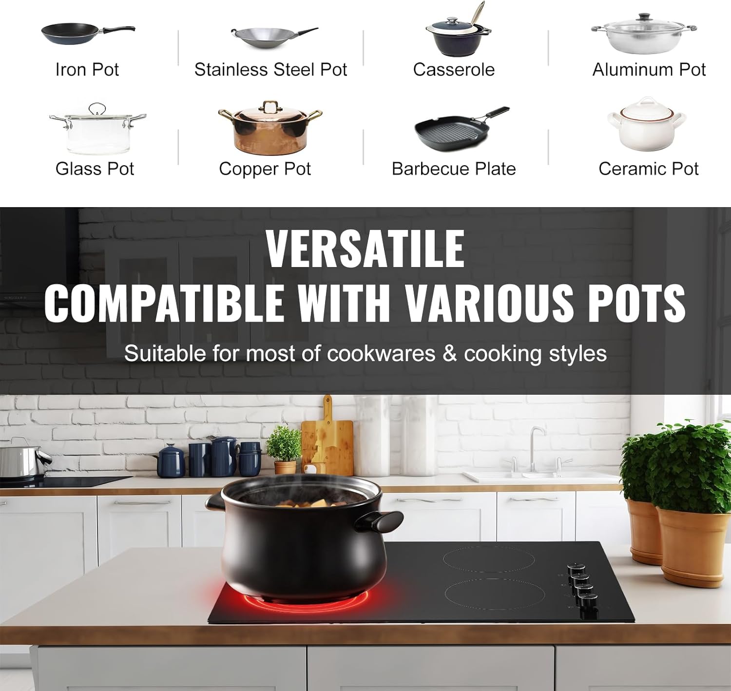 VEVOR Electric Cooktop, 30 inch 4 Burners Built-in Electric Stove Top, 7200W Ceramic Top Radiant Cooktop, with Glass Panel, Knob Control, 11 Heat Levels, 220-240V, Hard Wire (No Plug)