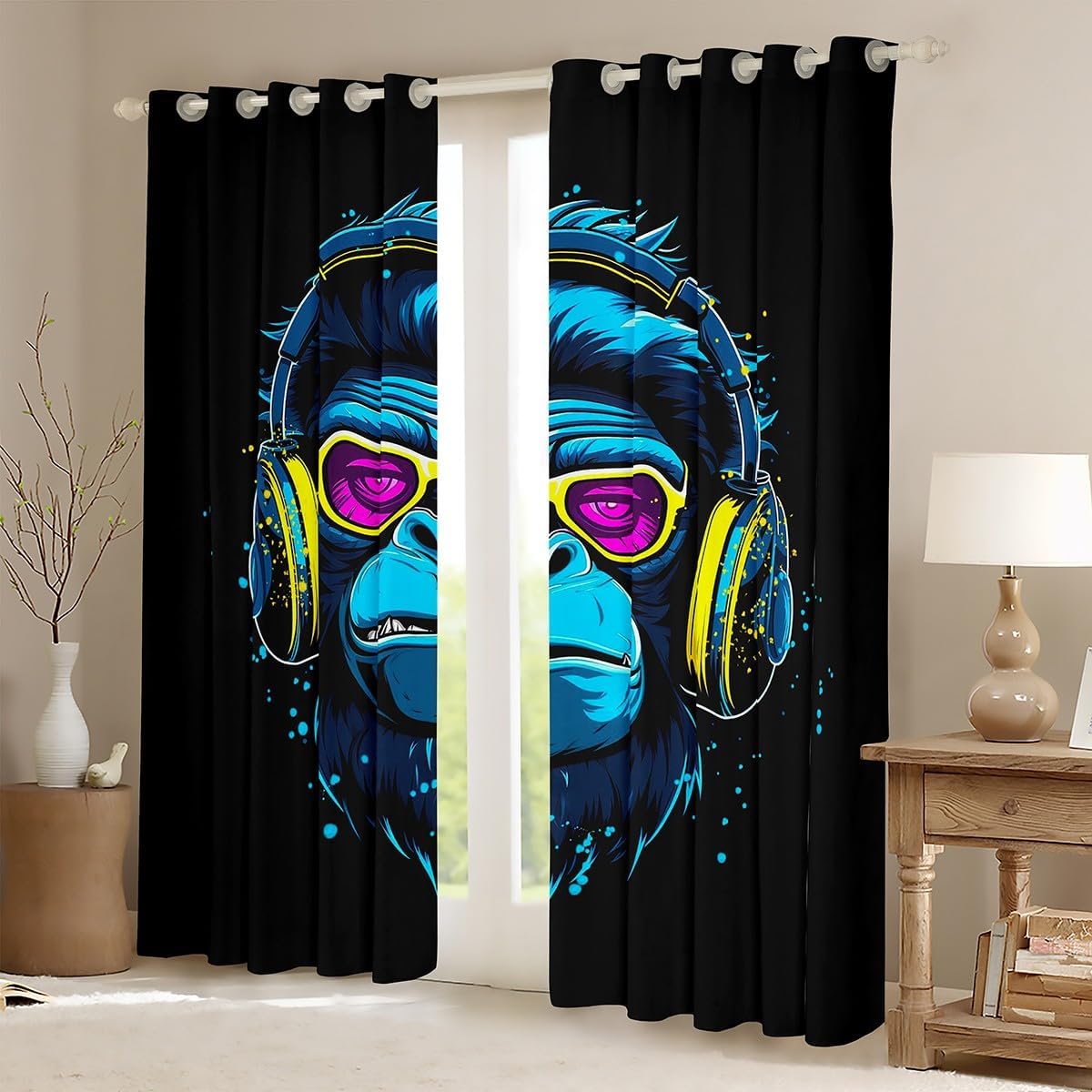 3D Gorilla Window Curtains Headphone Gorilla Curtains for Bedroom Living Room for Kids Boys Girls Wild Animal Pattern Window Drapes Watercolor Blue Design Window Treatments,42 X 63 Inch,2 Panels