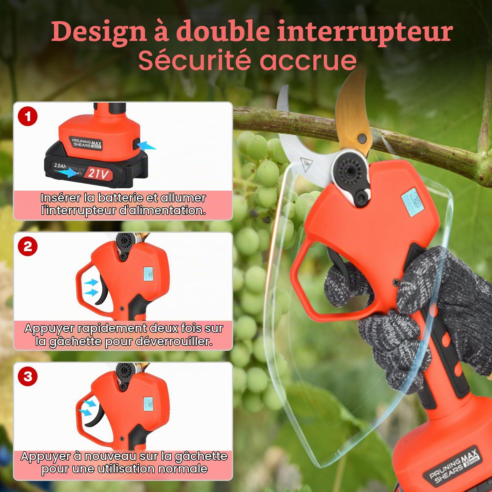 Sécateur électrique, 50 mm, batterie avec affichage, batteries 2 x 2 000 mAh, sécateur professionnel 800 W avec moteur Brushless pour jardinage, arbres fruitiers, vignobles