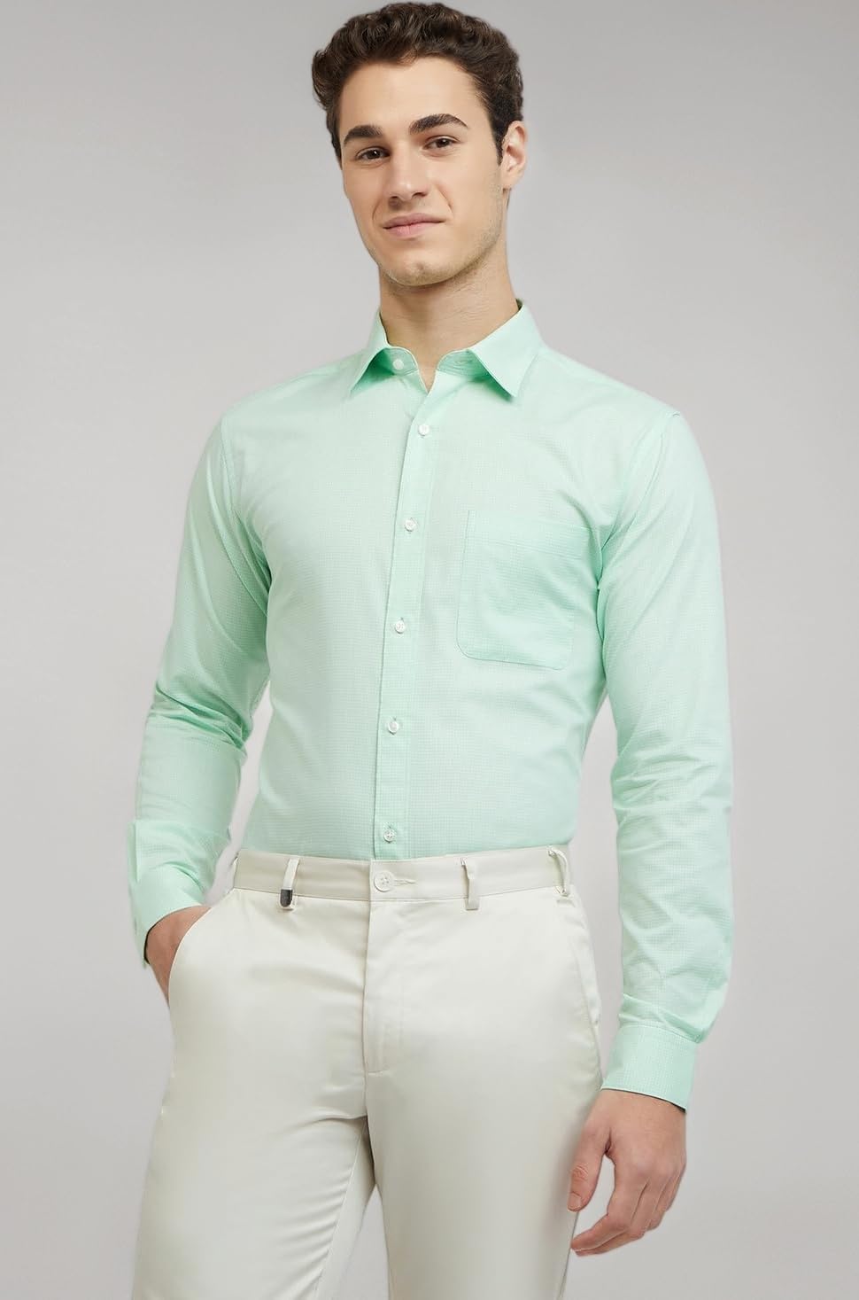 Raymond Men's Pure Cotton Checks Pattern Slim Fit Semi Cutaway Collar Full Sleeve Formal Shirt