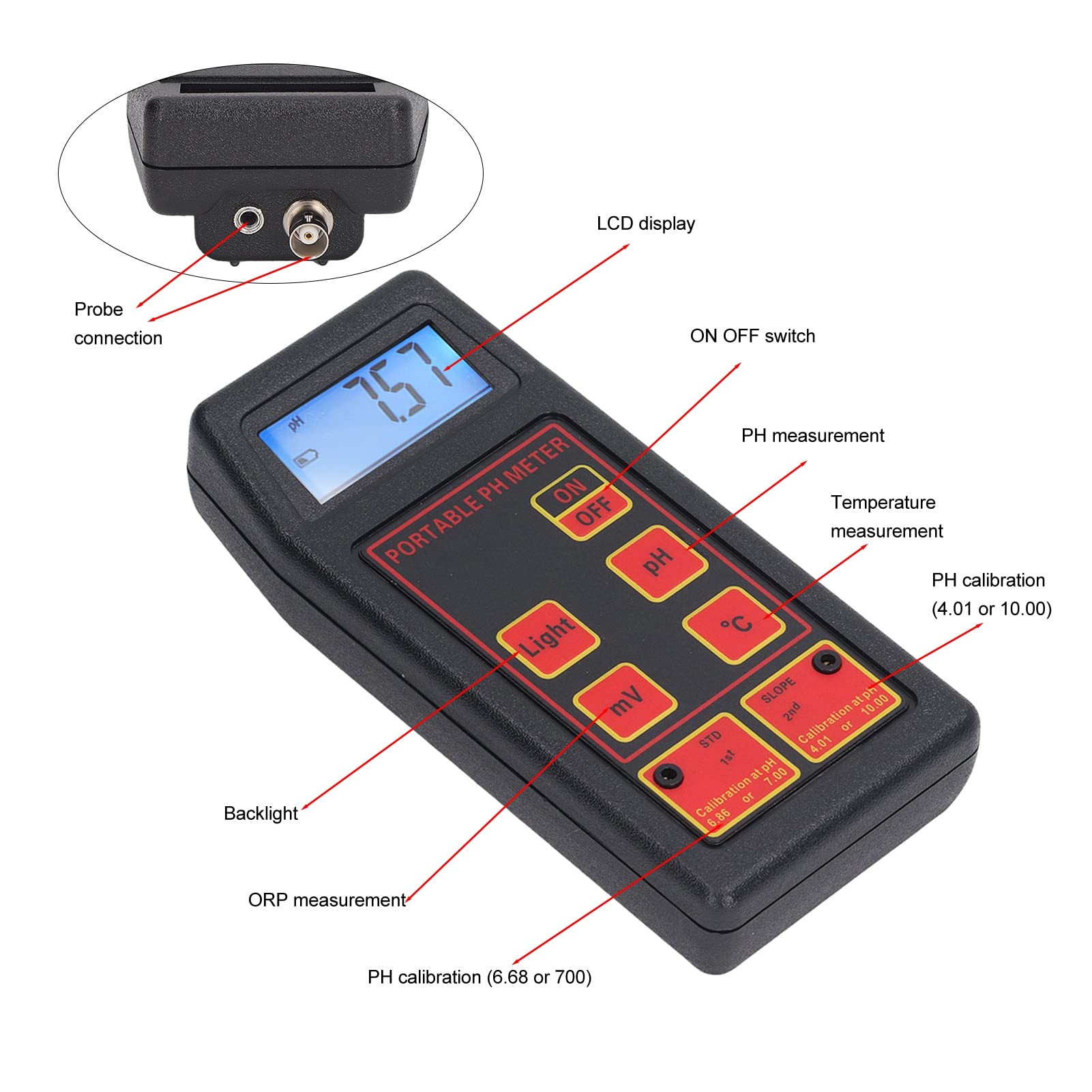 Medidor de PH de Agua ABS, Tester de Calidad de Agua con 4