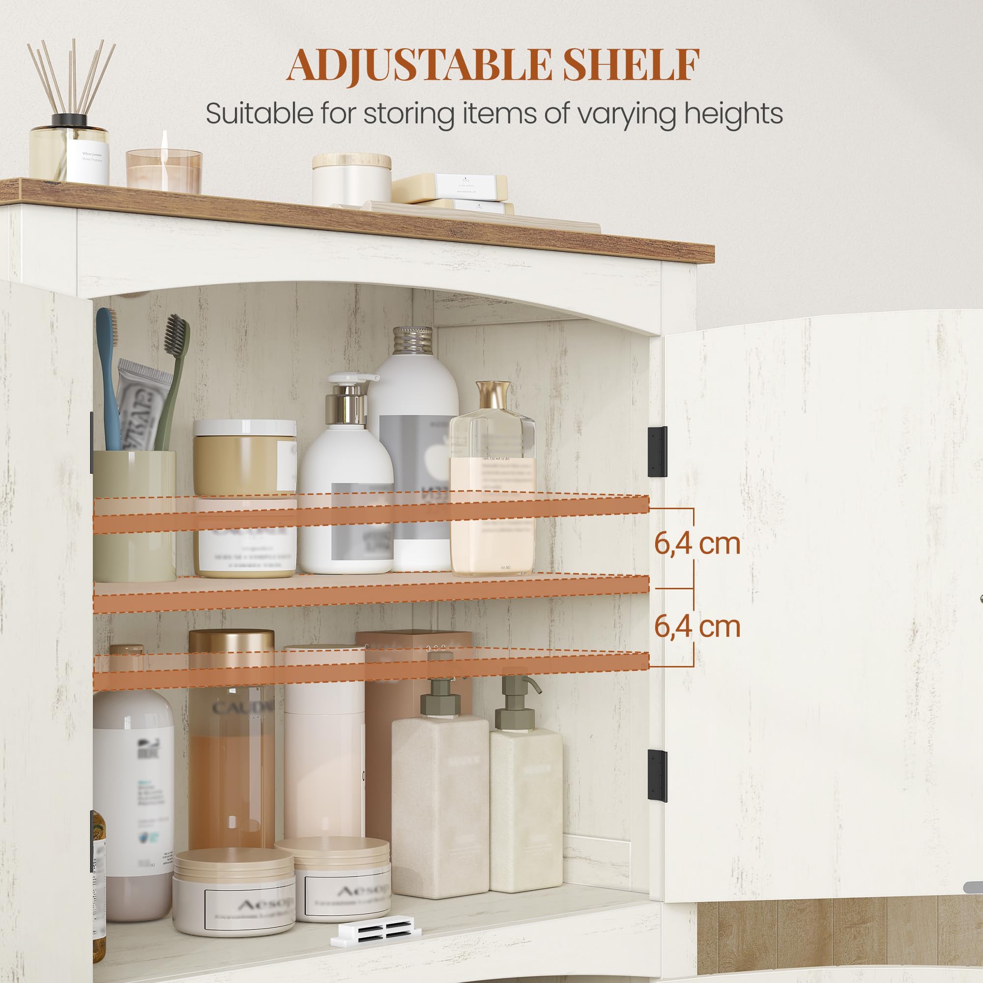 HEXCELEN Armoire de Rangement avec Portes de Grange, Style Ferme, Buffet Haut, avec 4 Portes, Meuble de Rangement, Étagères Réglables, Marron Rustique et Blanc, 30 x 60 x 110 cm