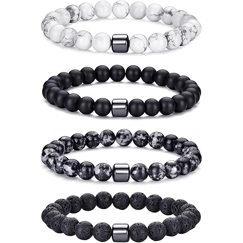 RANKEEF Mens Beaded Bracelets Set 8MM Tiger Eye Lava Stone Stretch Natural Stone Men's Bead Bracelet Mens Bracelet