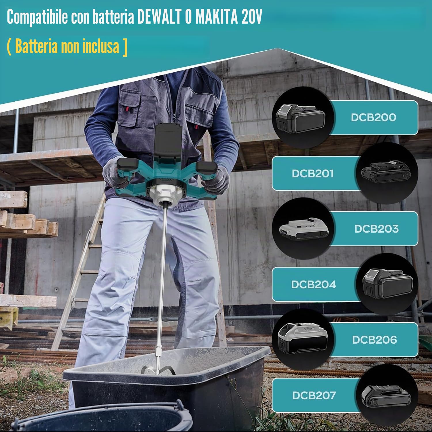 IMAYCC Miscelatore per malta, miscelatore per cemento senza cavo, per batterie MAKITA & DEWALT, miscelatore portatile per calcestruzzo, 21 V, 6 marce, trapano e miscelatore da 1000 W per fango, malta