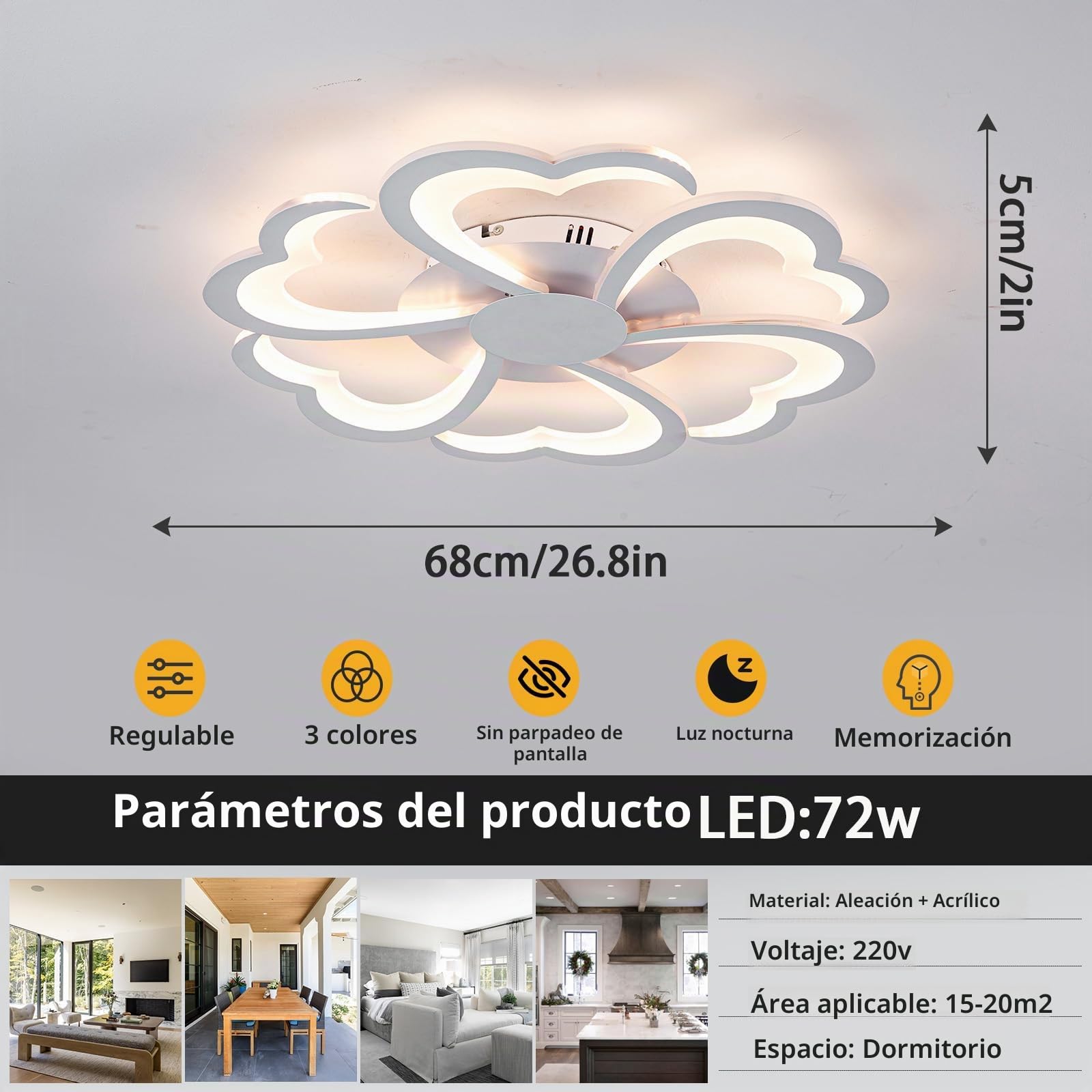 7200 Lúmenes,Lampara Techo,Flower Modern,Lámparas de Diseño de Techo,3000K-6000K,Función De Memoria,Regulable,Lamparas Techo Luz,Suave 72W,Adecuado Para Sala De Estar Dormitorio Comedor Cocina