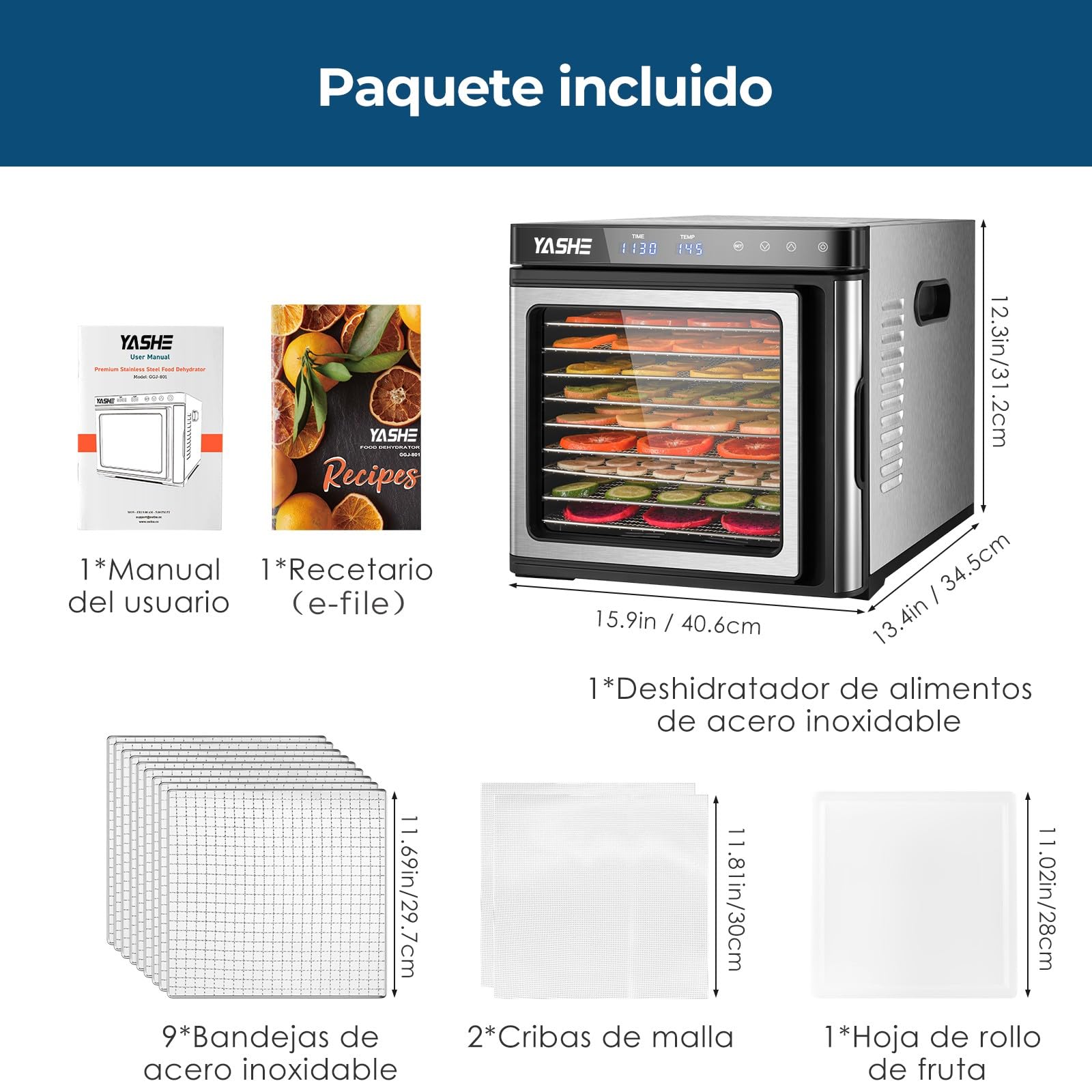 Desidratador de Alimentos de Acero Inoxidable, Control de Temperatura (35-75°C), Temporizador de 48 Horas, 9 Bandejas de Acero Inoxidable, 2 Tamices de Malla, 1 Bandeja para Rollos de Frutas, 1000W