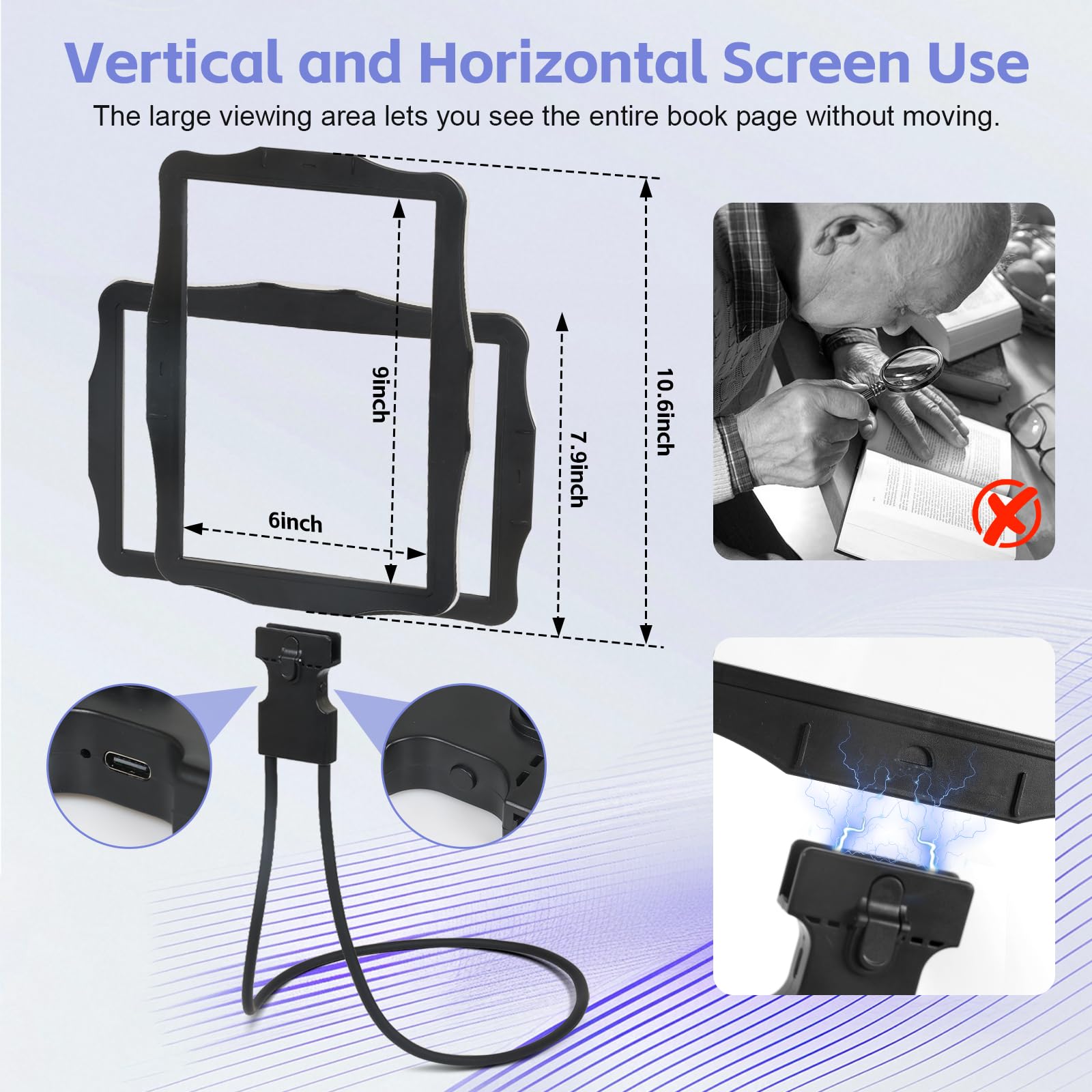 Lupa grande manos libres con luz 50 LED ultrabrillantes, lupa de cuello manos libres con luz horizontal y vertical con cuello de ganso flexible para personas mayores, lectura, manualidades