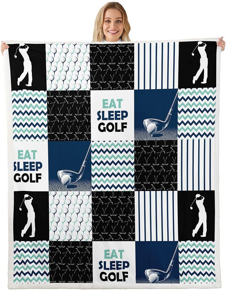 Erosebridal Golf Throw Blankets Sports Games Fleece Blanket Twin Size, Athlete Silhouette Patchwork Design for Kids Boys Teens Adults, Golf Lovers Lattice Ripple Sherpa Blanket, Blue Black