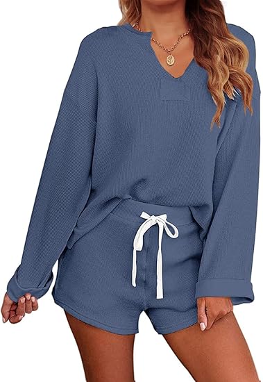 MEROKEETY Women's Long Sleeve Pajama Set Henley Knit Tops and Shorts Sleepwear Loungewear