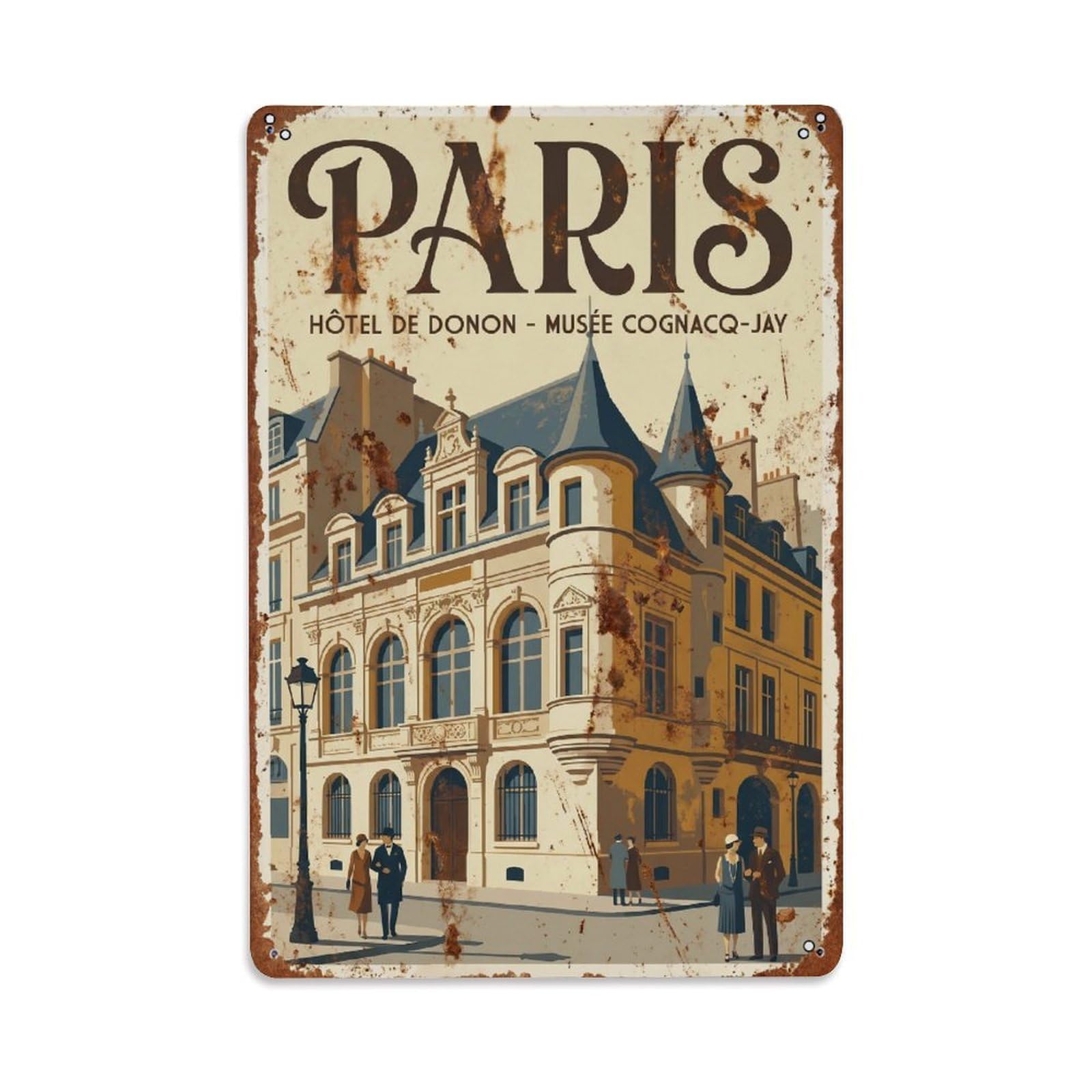 Vintage Travel Paris Hôtel De Donon Renaissance Mansion Rusted France Metal Tin Sign Plaque Wall Decor for Cafe, Club Bar, Office, Home Garden Metal Poster 8x12Inch